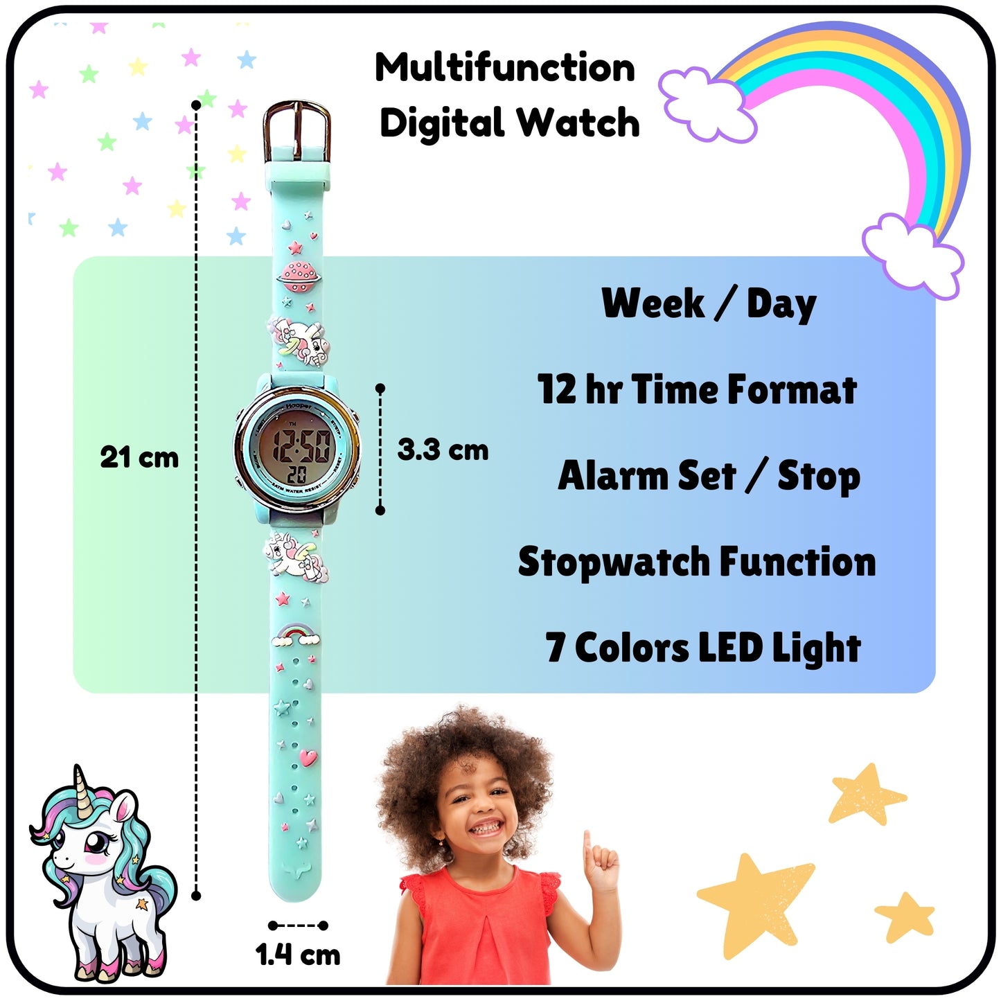 Hooper Unicorn Watches for Girls – 3D Cute LED 7 Colors Multifunction Digital Waterproof Watch for Kids 5-10 Years, Unbreakable Silicone Strap