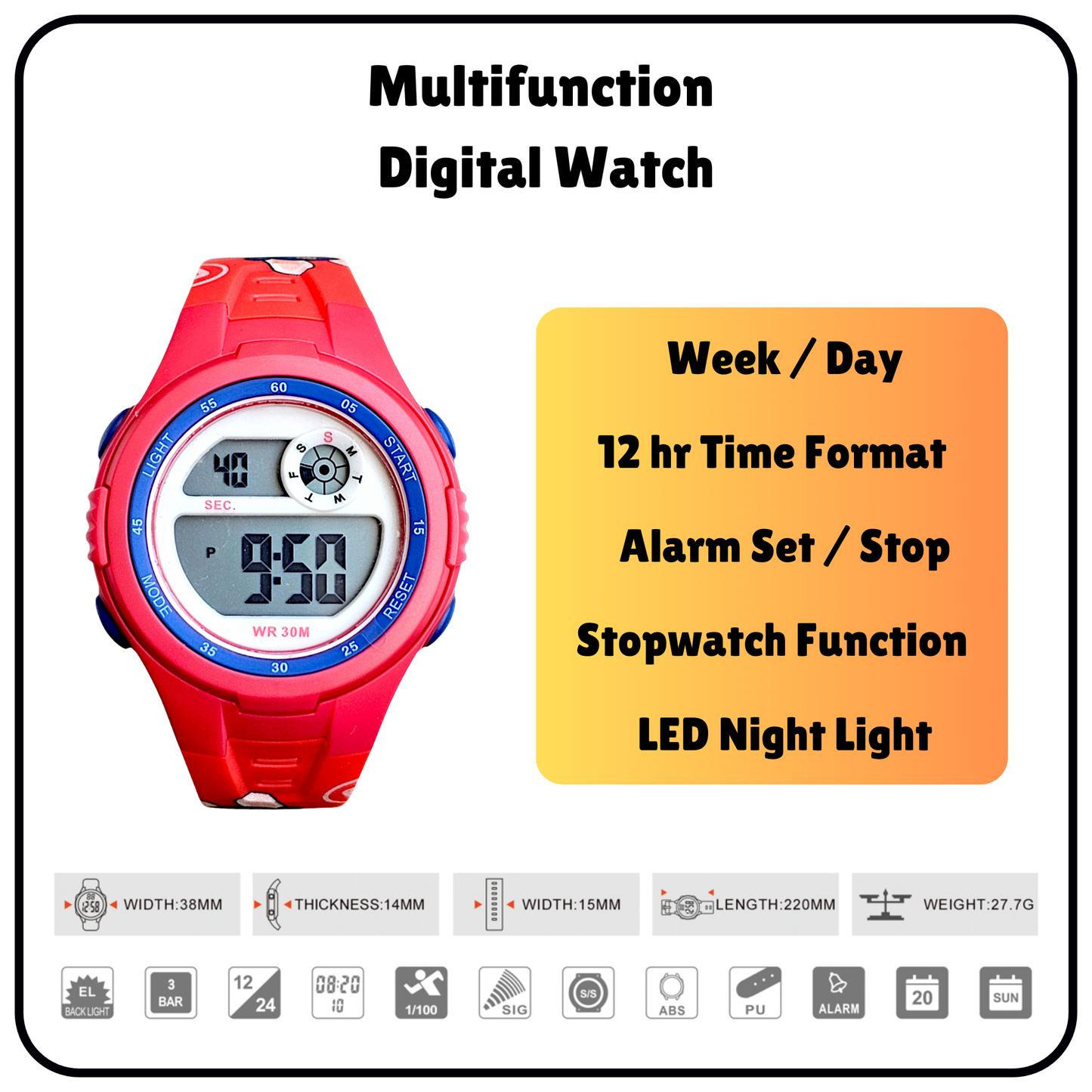 Hooper Kids Digital Sports LED Wrist Watch Boys Girls 5-12 Years Waterproof Multifunction Alarm Stopwatch Backlight Durable Strap Outdoor Casual Wear