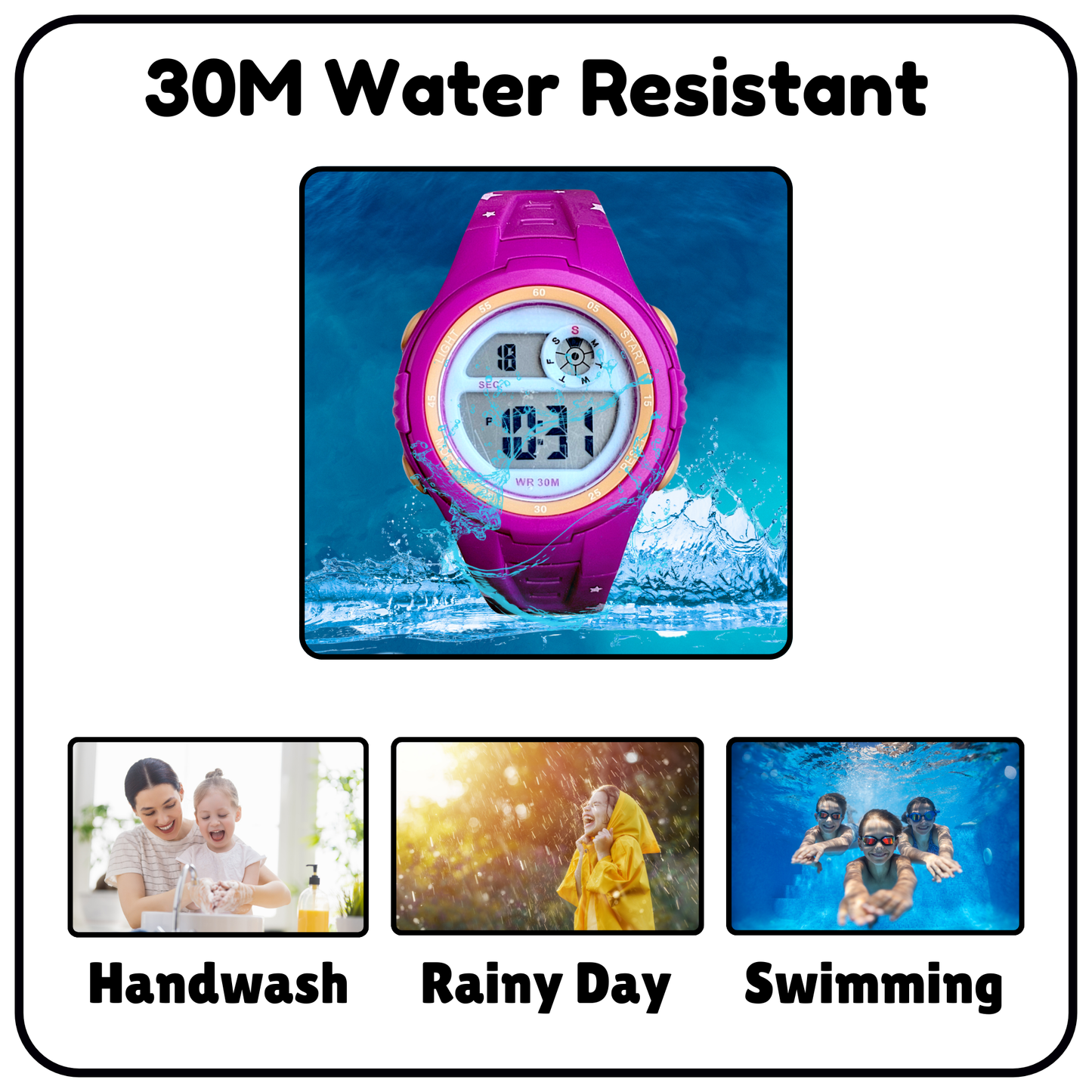 Hooper Kids Digital Sports LED Wrist Watch Boys Girls 5-12 Years Waterproof Multifunction Alarm Stopwatch Backlight Durable Strap Outdoor Casual Wear
