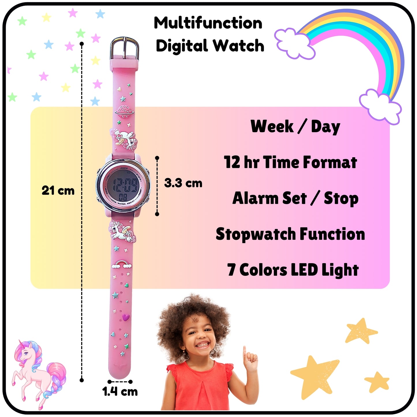 Hooper Unicorn Watches for Girls – 3D Cute LED 7 Colors Multifunction Digital Waterproof Watch for Kids 5-10 Years, Unbreakable Silicone Strap
