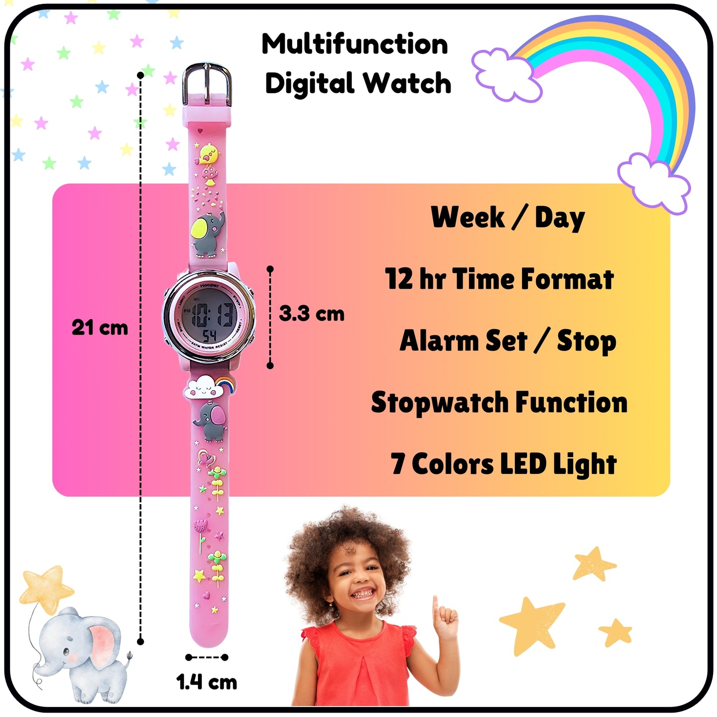 Hooper Digital kids Watches For Girls, Elephant Pink