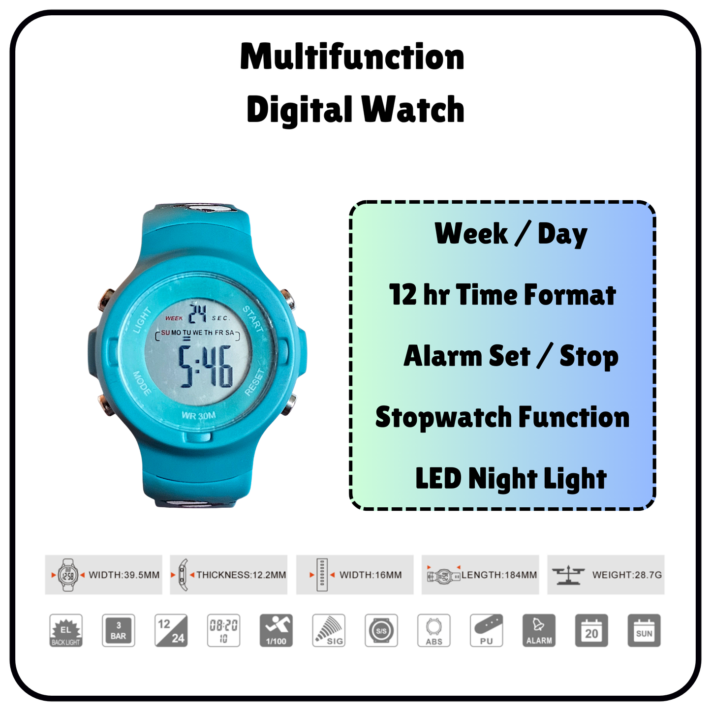 Hooper Kids Digital Sports LED Wrist Watch Boys Girls 5-12 Years Waterproof Multifunction Alarm Stopwatch Backlight Durable Strap Outdoor Casual Wear