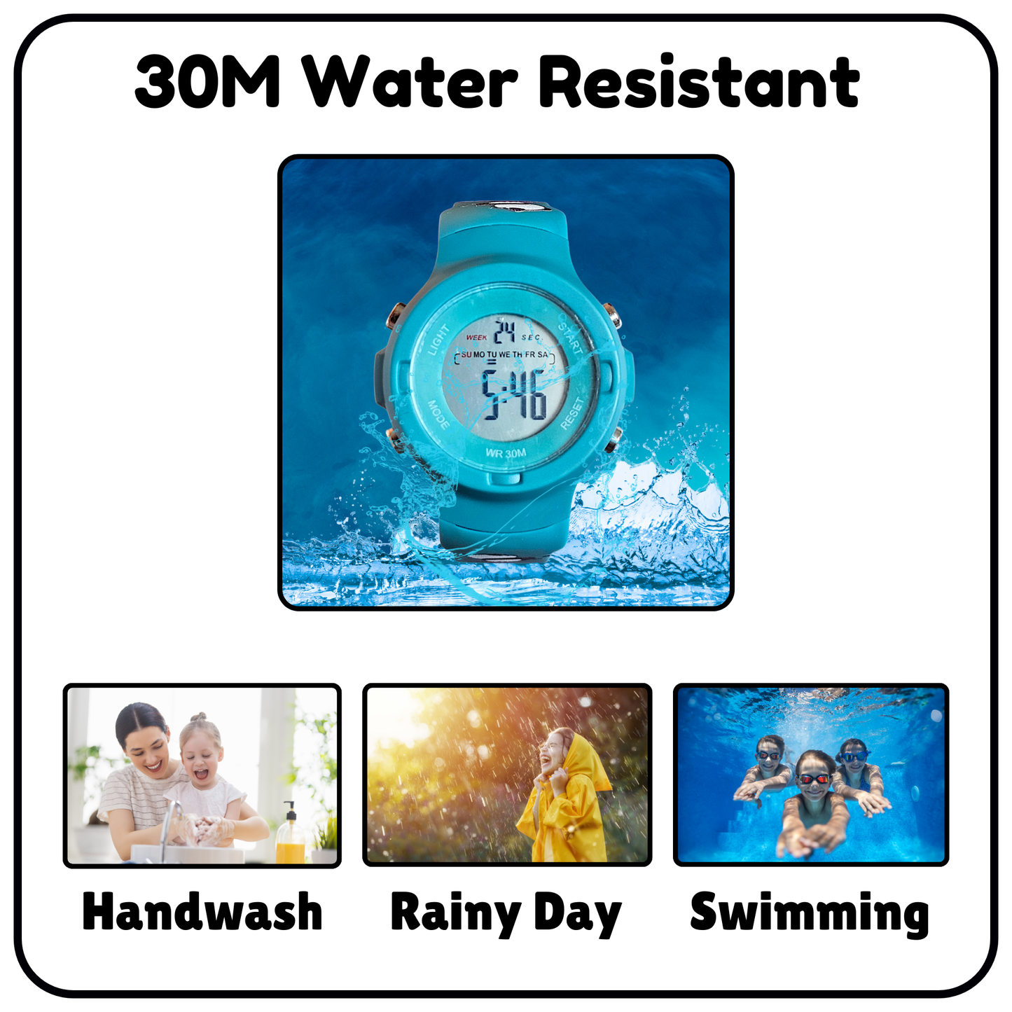 Hooper Kids Digital Sports LED Wrist Watch Boys Girls 5-12 Years Waterproof Multifunction Alarm Stopwatch Backlight Durable Strap Outdoor Casual Wear