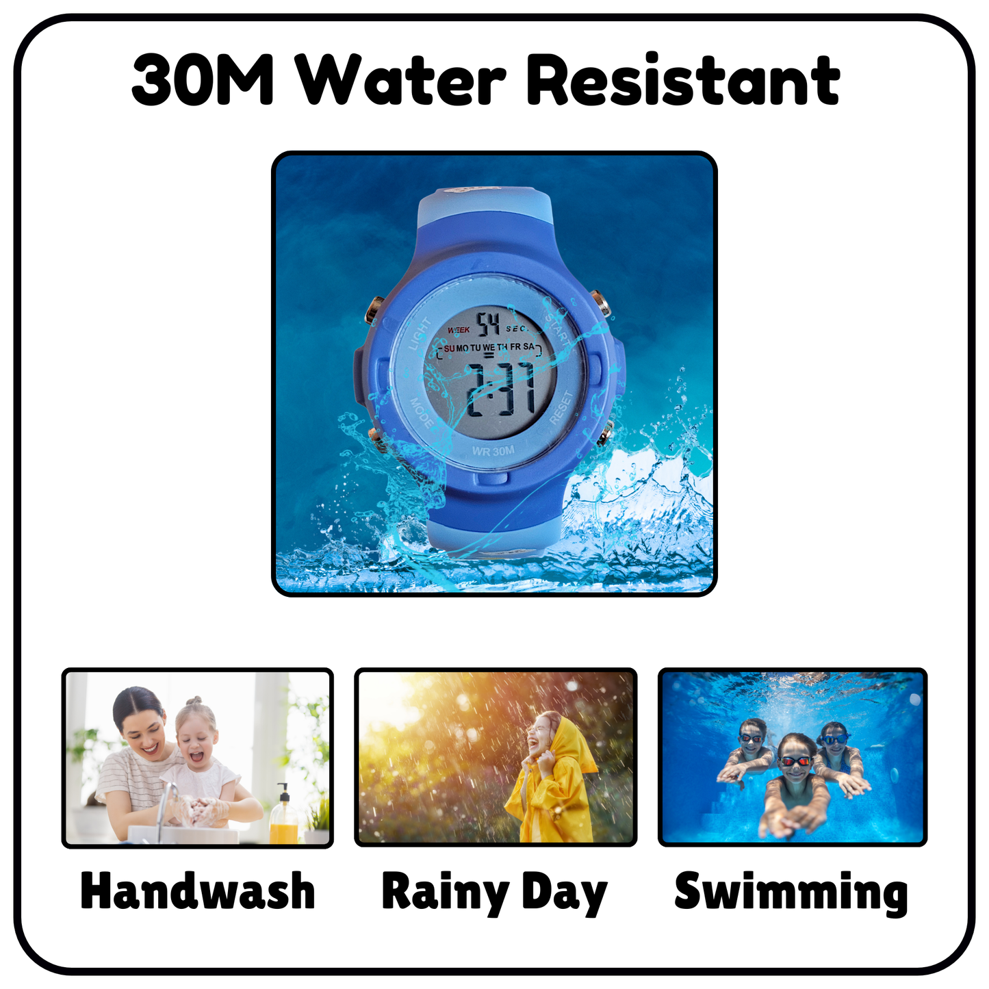Hooper Kids Digital Sports LED Wrist Watch Boys Girls 5-12 Years Waterproof Multifunction Alarm Stopwatch Backlight Durable Strap Outdoor Casual Wear