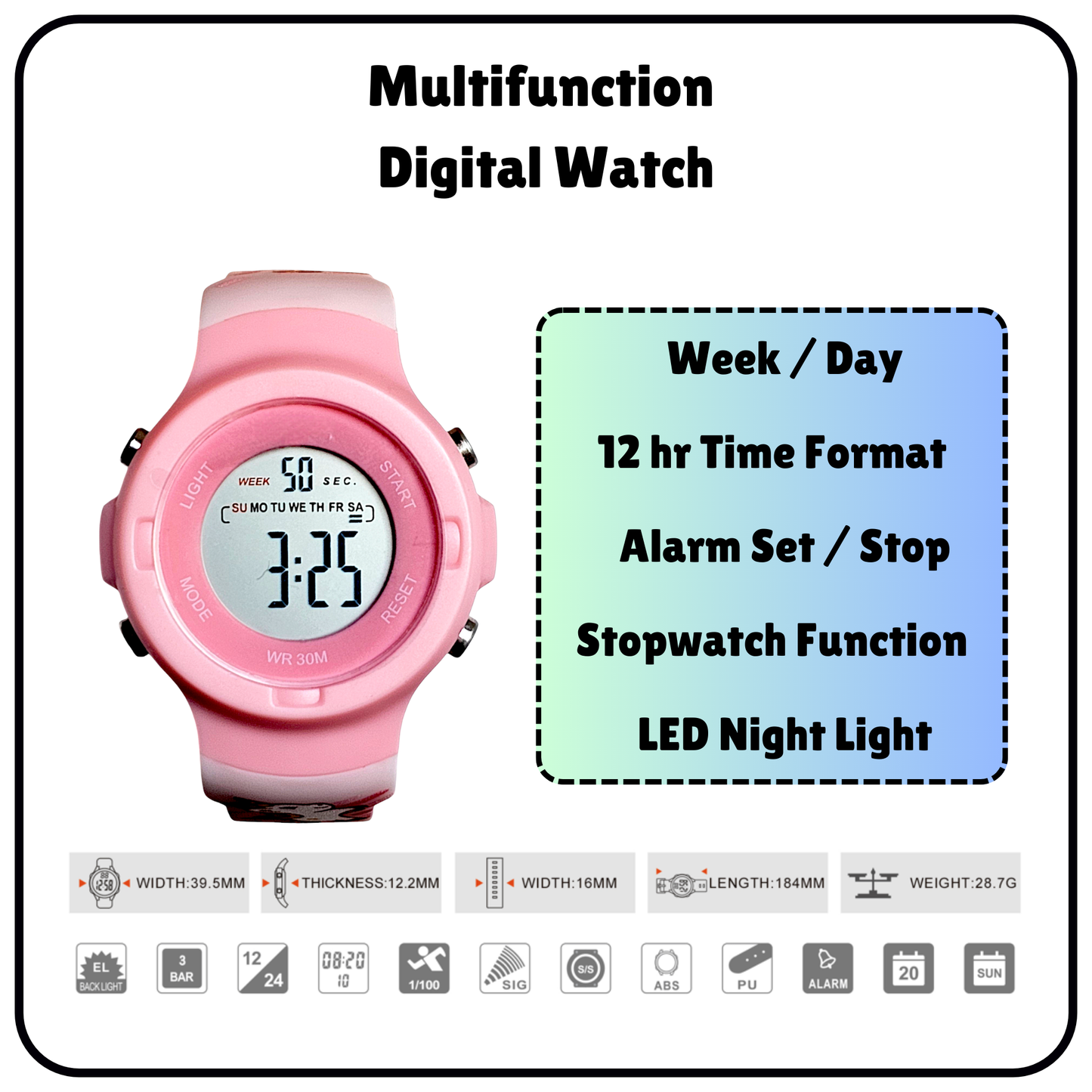 Hooper Kids Digital Sports LED Wrist Watch Boys Girls 5-12 Years Waterproof Multifunction Alarm Stopwatch Backlight Durable Strap Outdoor Casual Wear