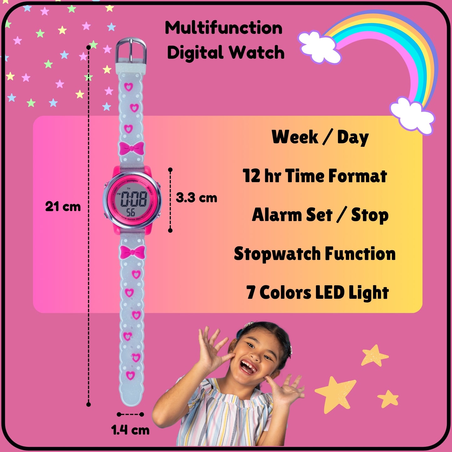 Hooper Premium Watches for Girls – 3D Cute LED 7 Colors Multifunction Digital Waterproof Watch for Kids 5-10 Years, Unbreakable Silicone Strap ( BOWTIE )