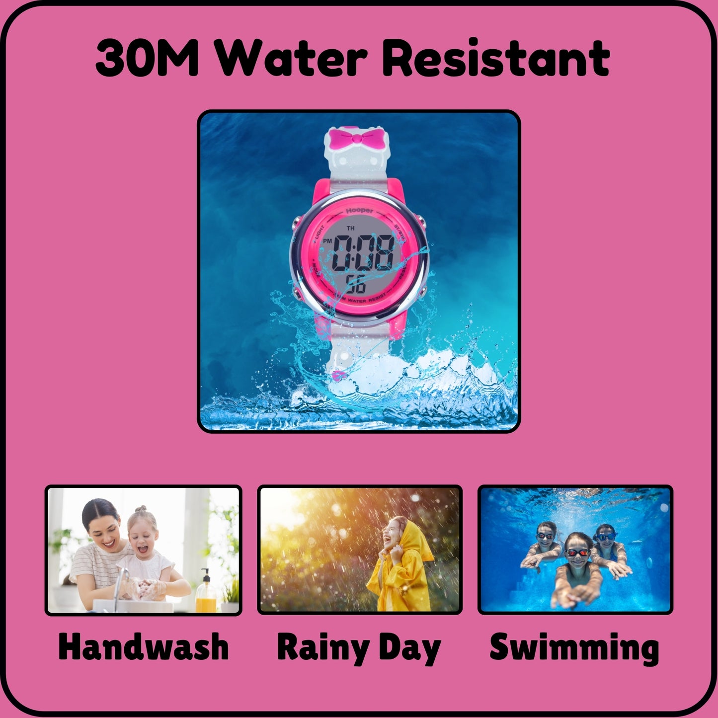 Hooper Premium Watches for Girls – 3D Cute LED 7 Colors Multifunction Digital Waterproof Watch for Kids 5-10 Years, Unbreakable Silicone Strap ( BOWTIE )