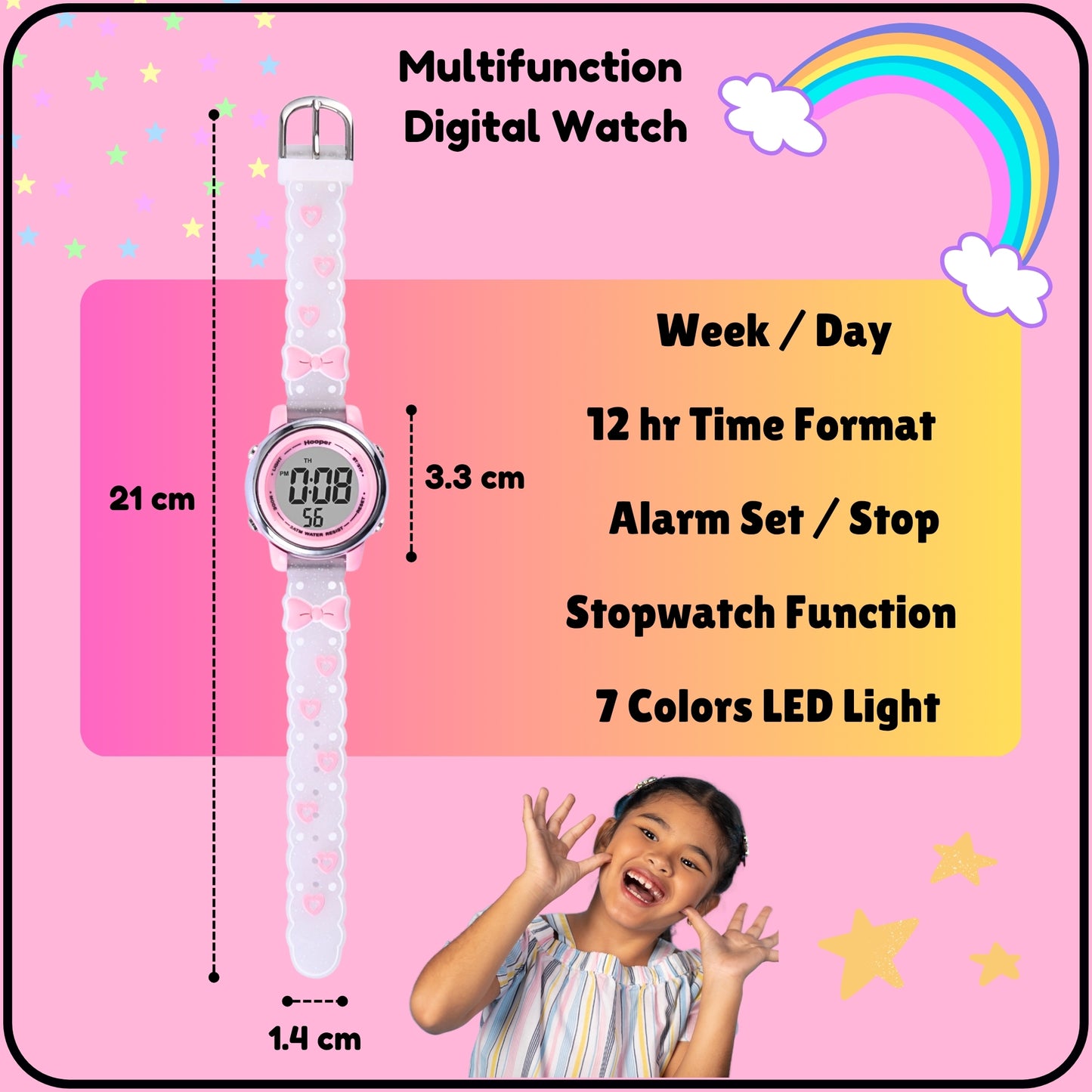 Hooper Premium Watches for Girls – 3D Cute LED 7 Colors Multifunction Digital Waterproof Watch for Kids 5-10 Years, Unbreakable Silicone Strap ( BOWTIE )