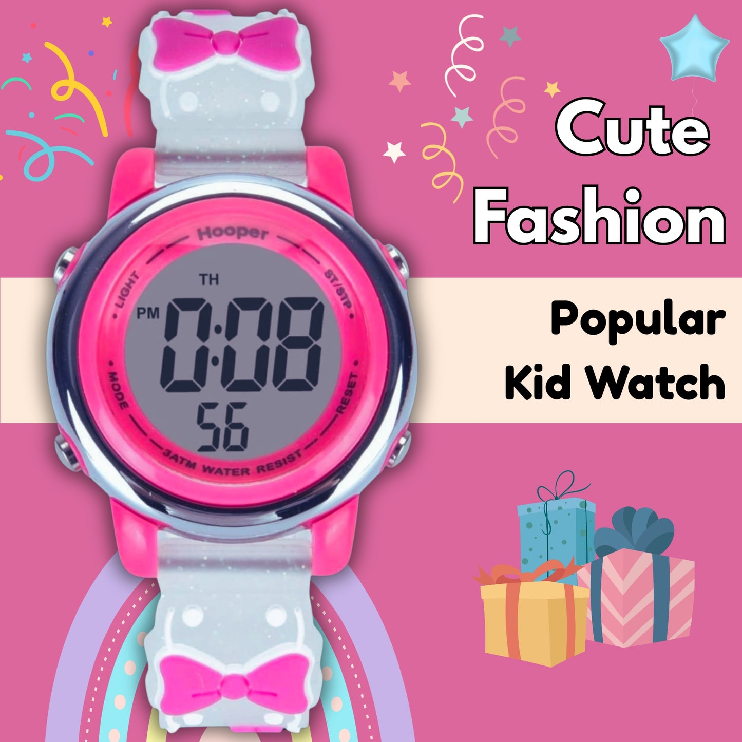 Hooper Premium Watches for Girls – 3D Cute ( BOWTIE PINK WHITE )