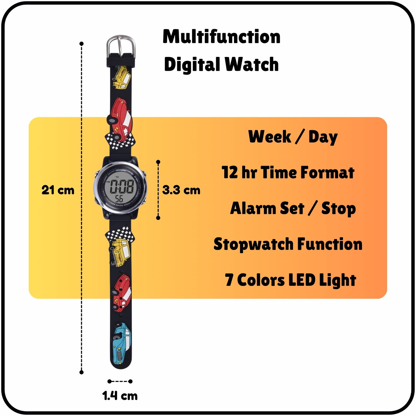 Hooper Premium Watches for Boys β 3D Cute LED 7 Colors Multifunction Digital Waterproof Watch for Kids 5-10 Years, Unbreakable Silicone Strap ( CAR )