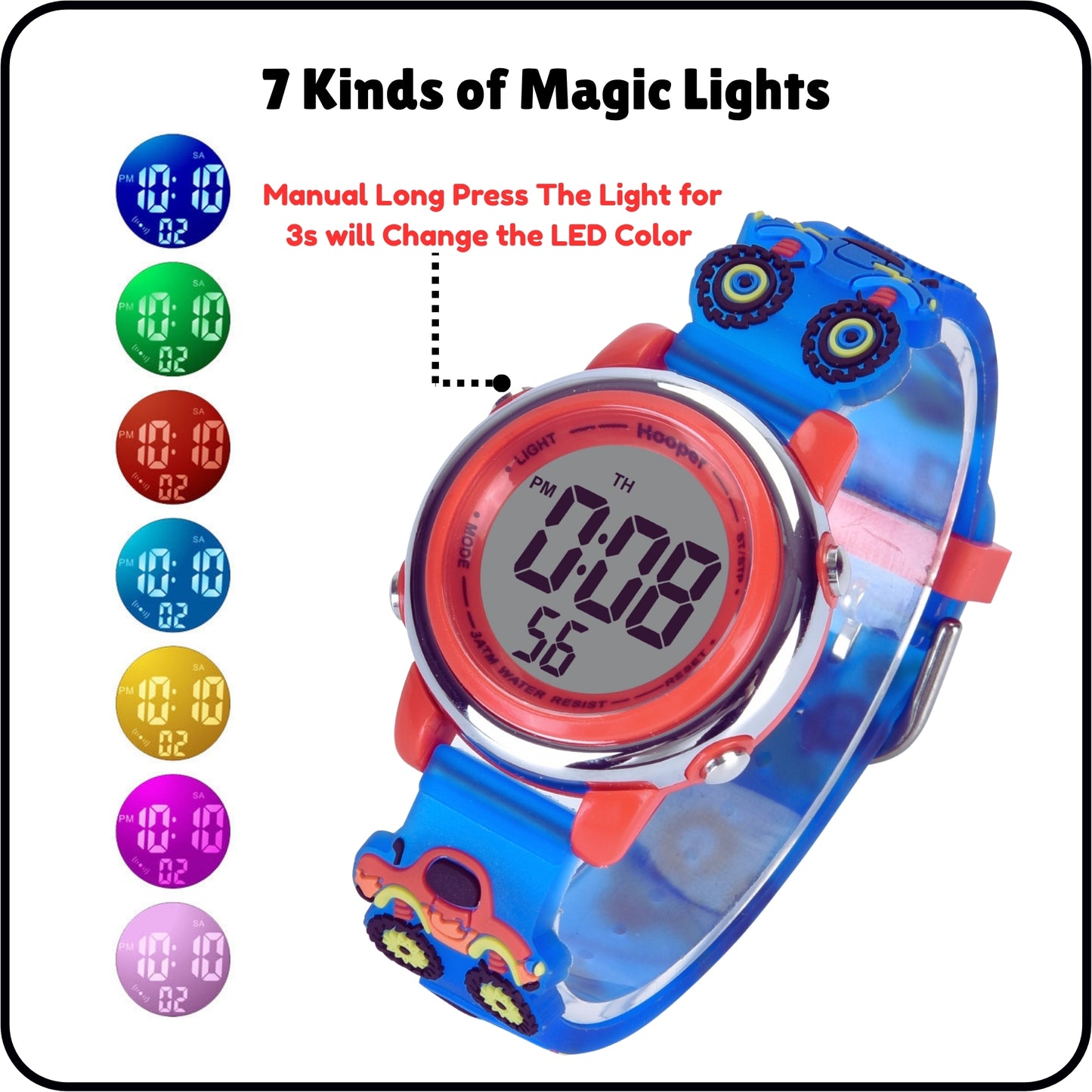 Hooper Premium Watches for Boys β 3D Cute LED 7 Colors Multifunction Digital Waterproof Watch for Kids 5-10 Years, Unbreakable Silicone Strap ( CAR )