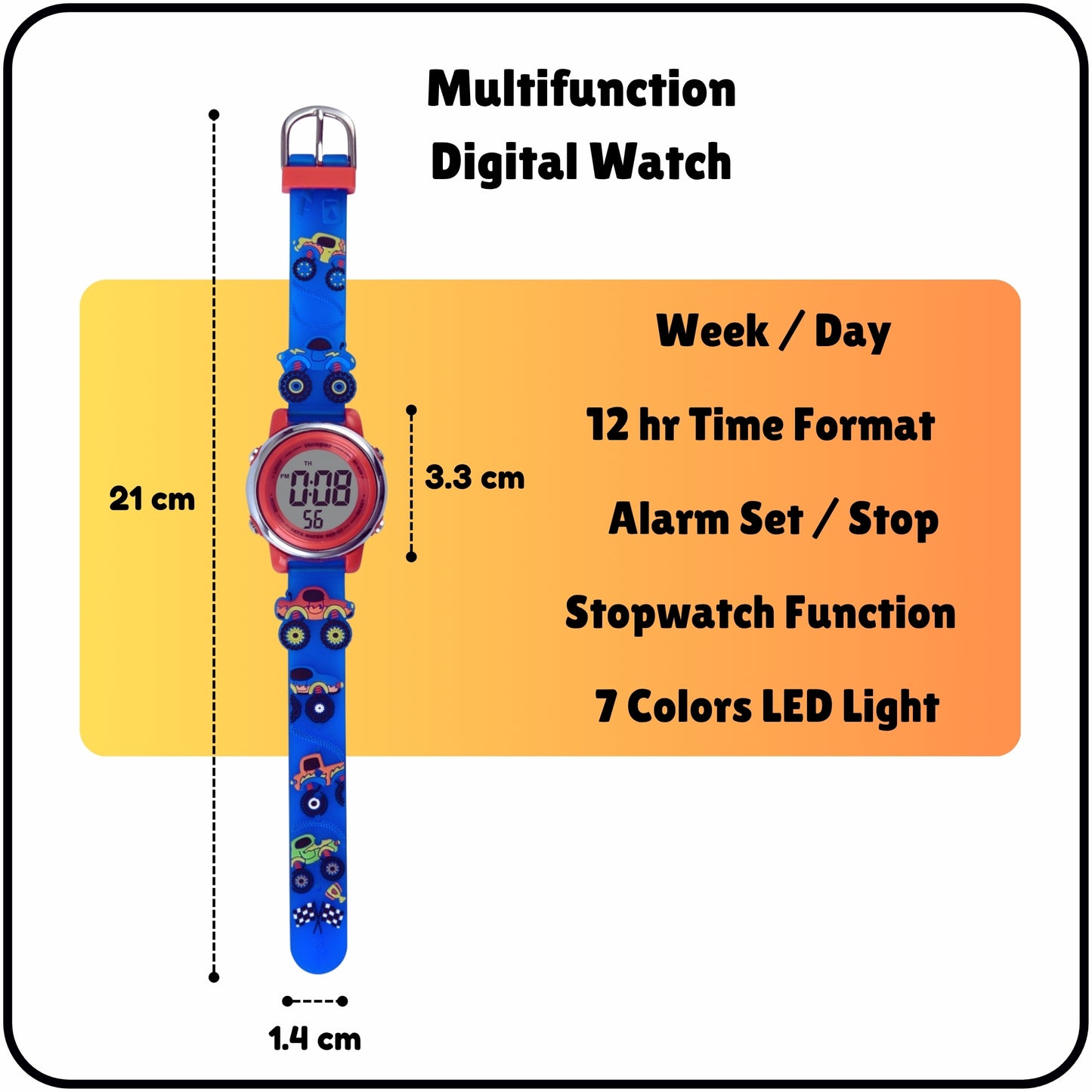 Hooper Premium Watches for Boys β 3D Cute LED 7 Colors Multifunction Digital Waterproof Watch for Kids 5-10 Years, Unbreakable Silicone Strap ( CAR )