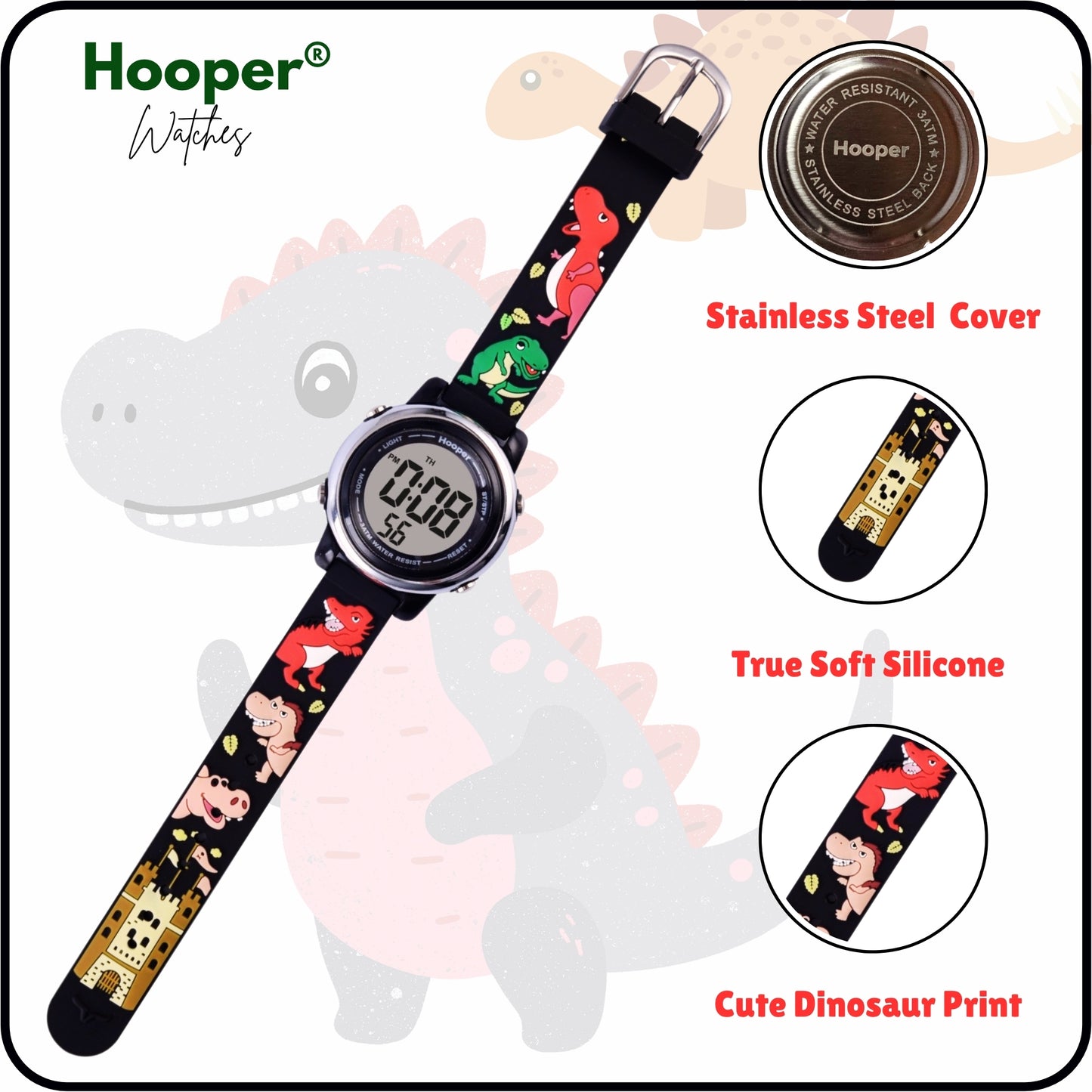 Hooper Premium Watches for Boys β 3D Cute LED 7 Colors Multifunction Digital Waterproof Watch for Kids 5-10 Years, Unbreakable Silicone Strap ( DINOSAURS )