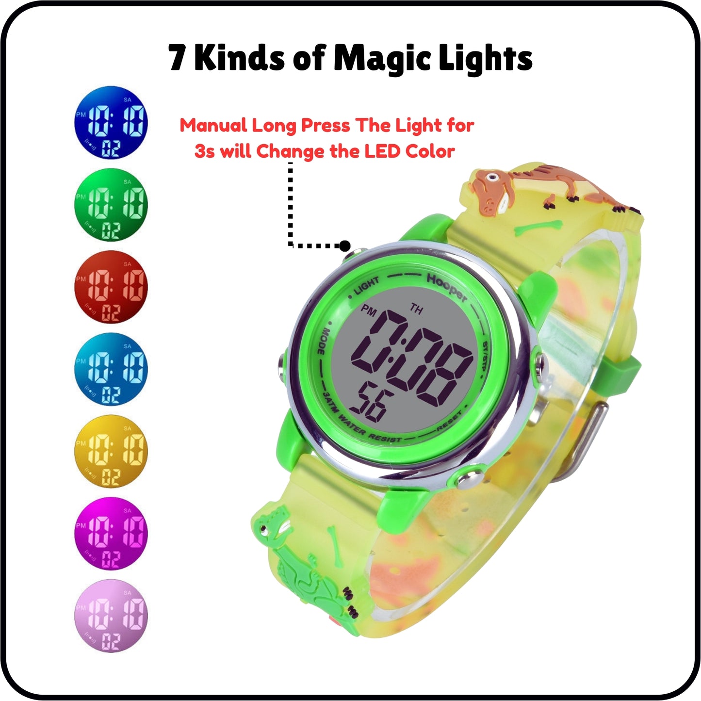 Hooper Premium Watches for Boys β 3D Cute LED 7 Colors Multifunction Digital Waterproof Watch for Kids 5-10 Years, Unbreakable Silicone Strap ( DINOSAURS )
