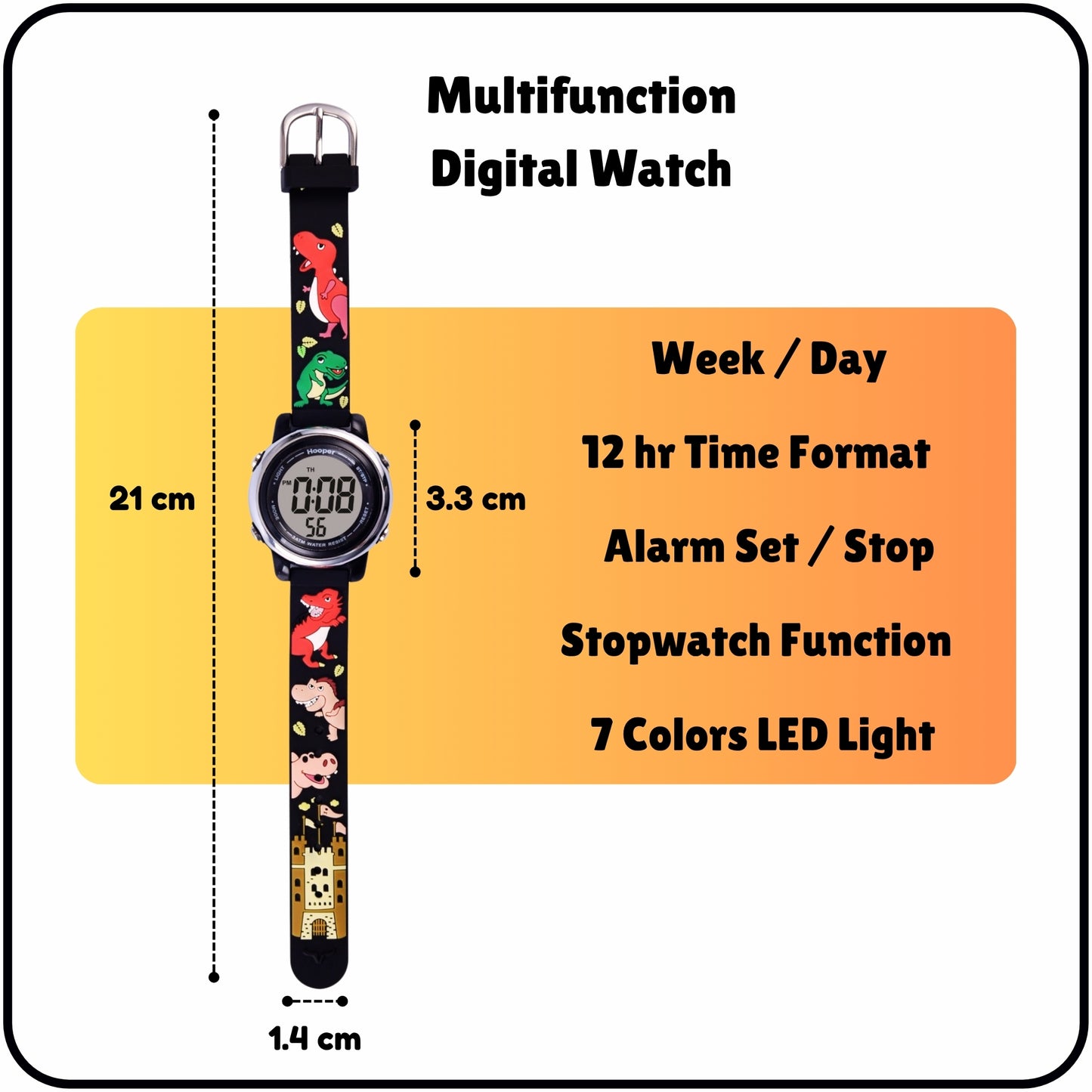 Hooper Premium Watches for Boys β 3D Cute LED 7 Colors Multifunction Digital Waterproof Watch for Kids 5-10 Years, Unbreakable Silicone Strap ( DINOSAURS )