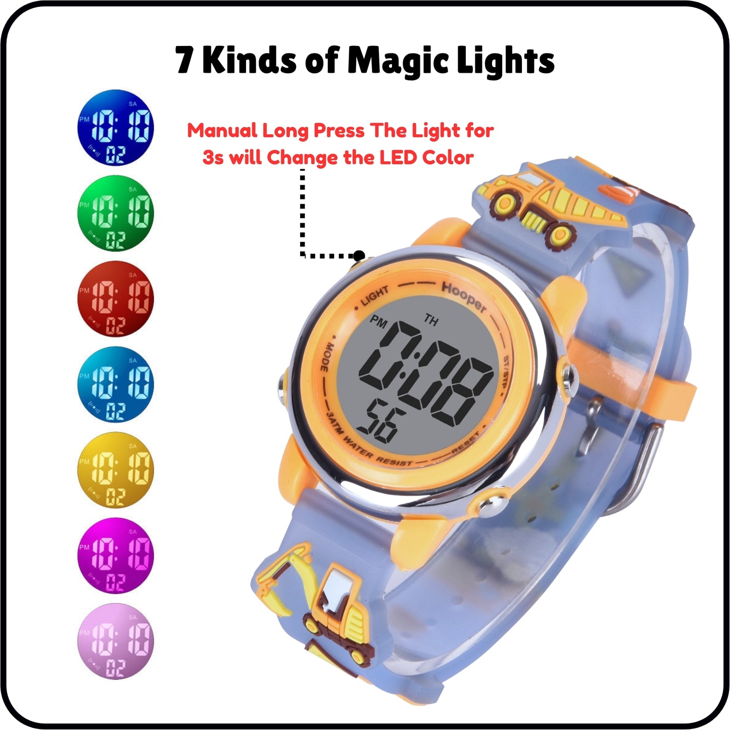 Hooper Premium Watches for Boys – 3D Cute LED 7 Colors Multifunction Digital Waterproof Watch for Kids 5-10 Years, Unbreakable Silicone Strap ( JCB EXCAVATOR )