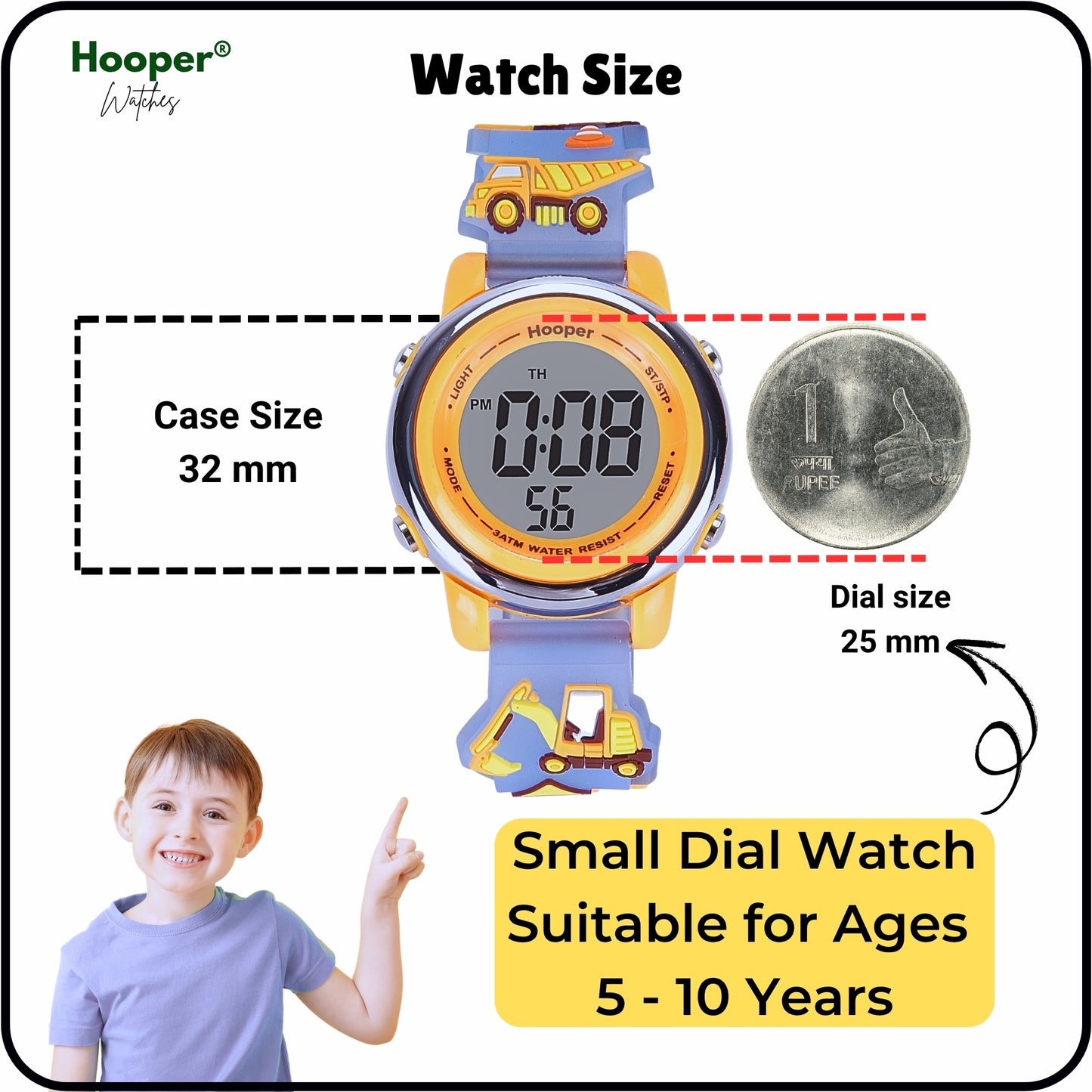Hooper Premium Watches for Boys – 3D Cute LED 7 Colors Multifunction Digital Waterproof Watch for Kids 5-10 Years, Unbreakable Silicone Strap ( JCB EXCAVATOR )