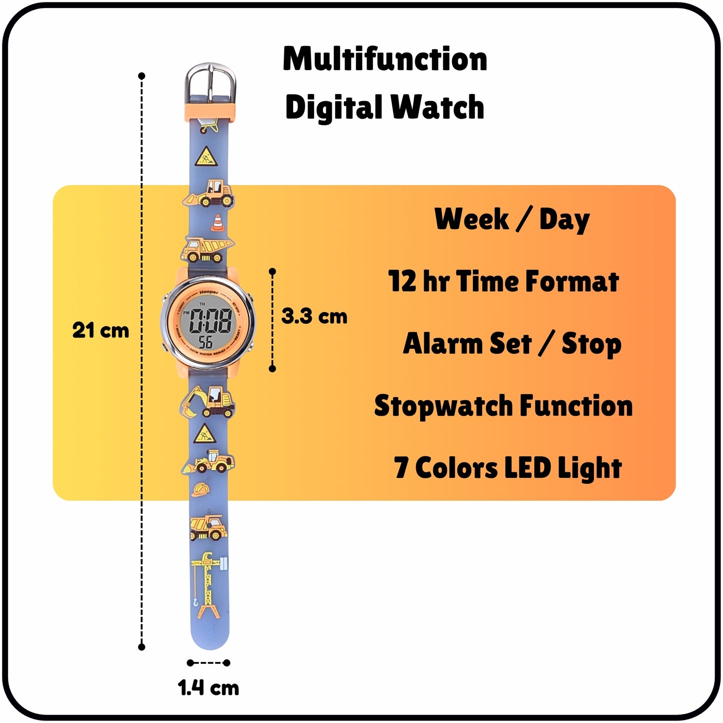 Hooper Premium Watches for Boys – 3D Cute LED 7 Colors Multifunction Digital Waterproof Watch for Kids 5-10 Years, Unbreakable Silicone Strap ( JCB EXCAVATOR )