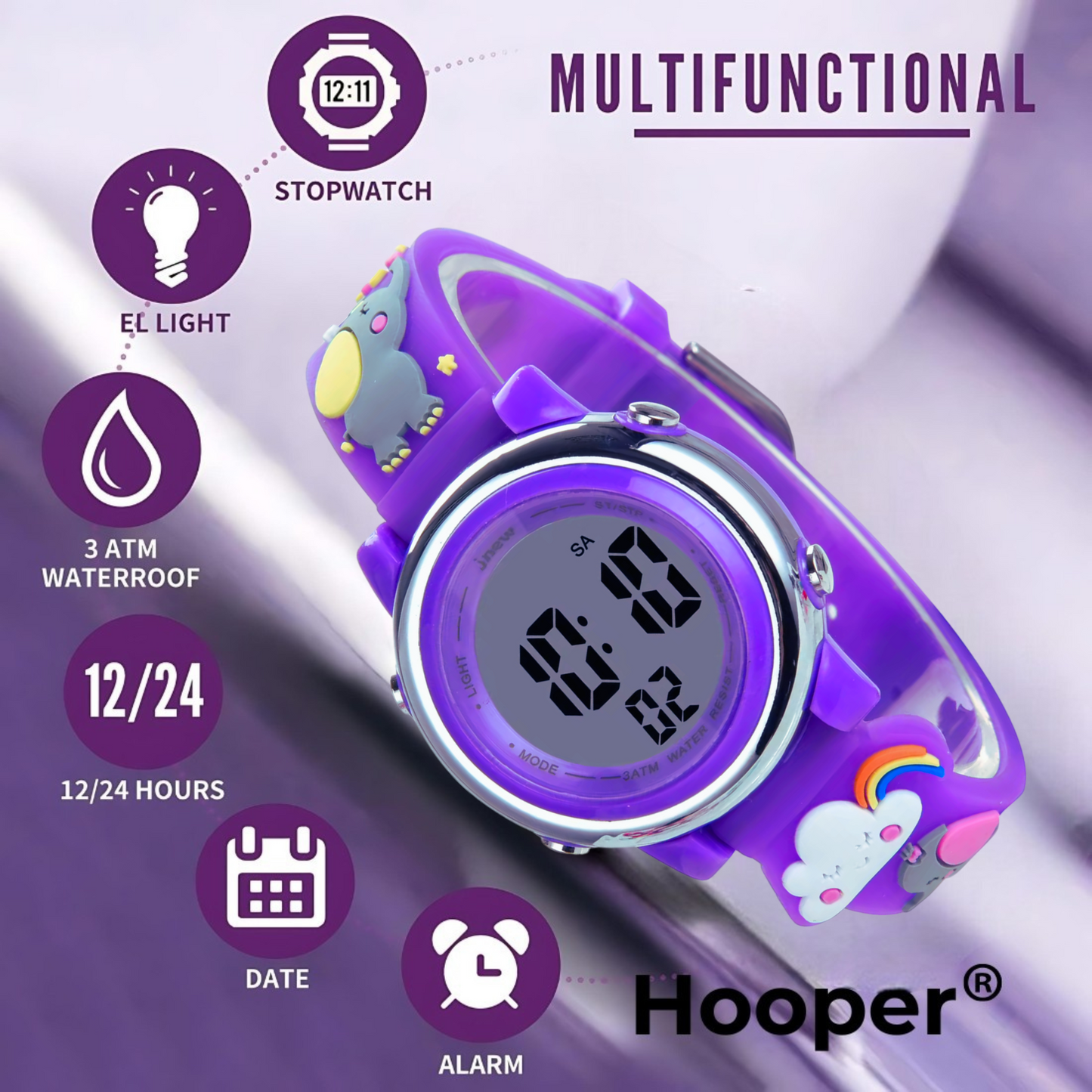 Hooper Unicorn Watches for Girls – 3D Cute LED 7 Colors Multifunction Digital Waterproof Watch for Kids 5-10 Years, Unbreakable Silicone Strap