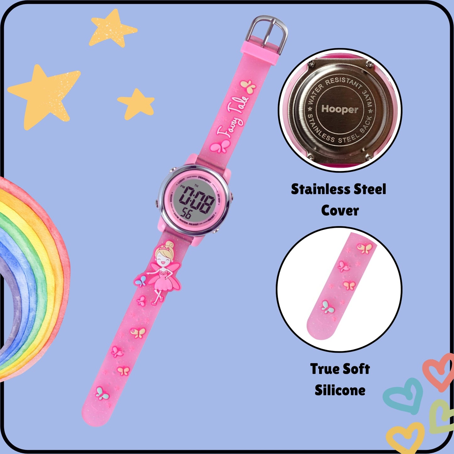 Hooper Premium Watches for Girls β 3D Cute LED 7 Colors Multifunction Digital Waterproof Watch for Kids 5-10 Years, Unbreakable Silicone Strap ( Fairy )