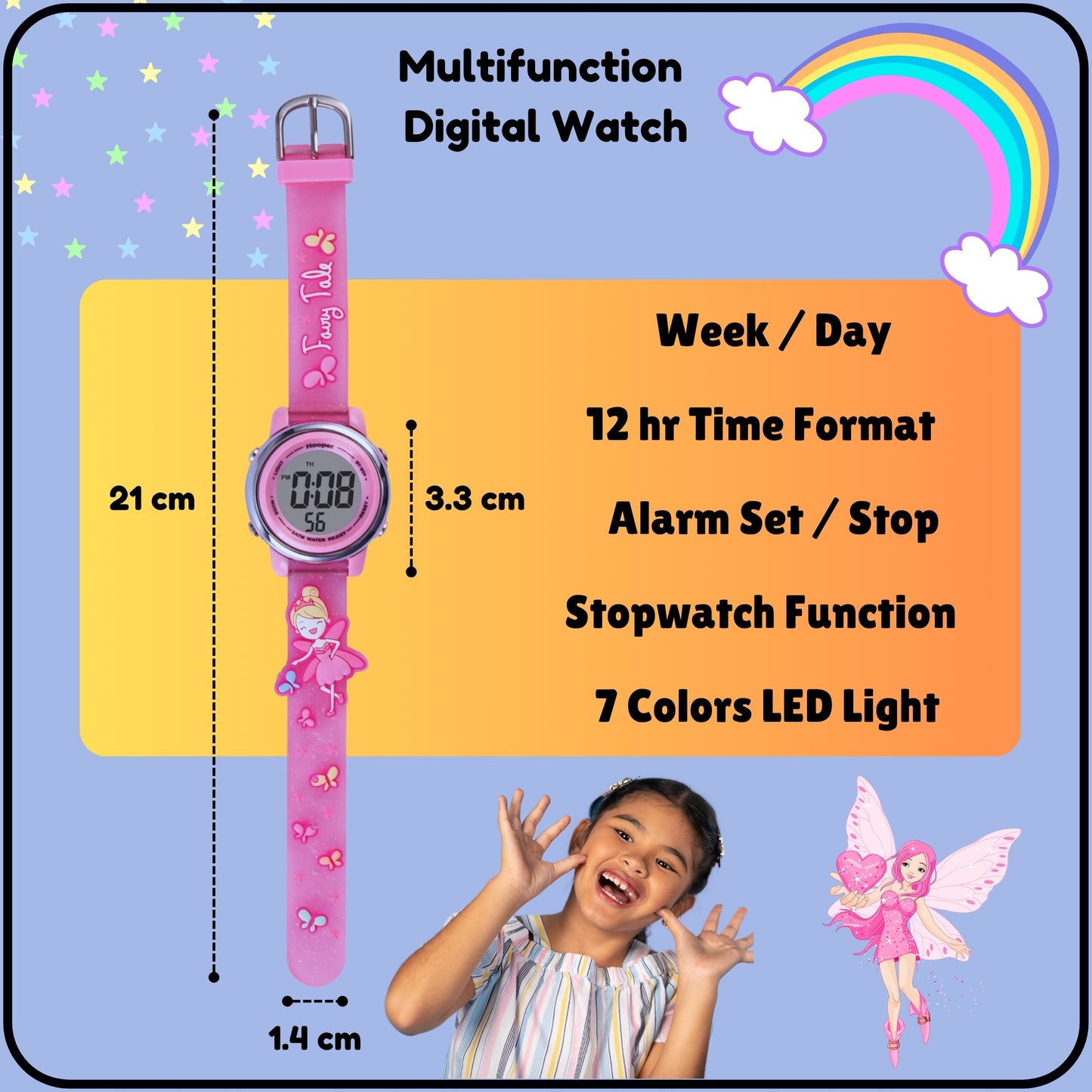 Hooper Premium Watches for Girls β 3D Cute LED 7 Colors Multifunction Digital Waterproof Watch for Kids 5-10 Years, Unbreakable Silicone Strap ( Fairy )