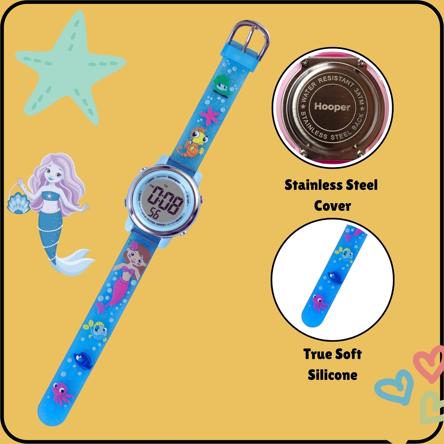 Hooper Premium Watches for Girls – 3D Cute LED 7 Colors Multifunction Digital Waterproof Watch for Kids 5-10 Years, Unbreakable Silicone Strap ( MERMAID )