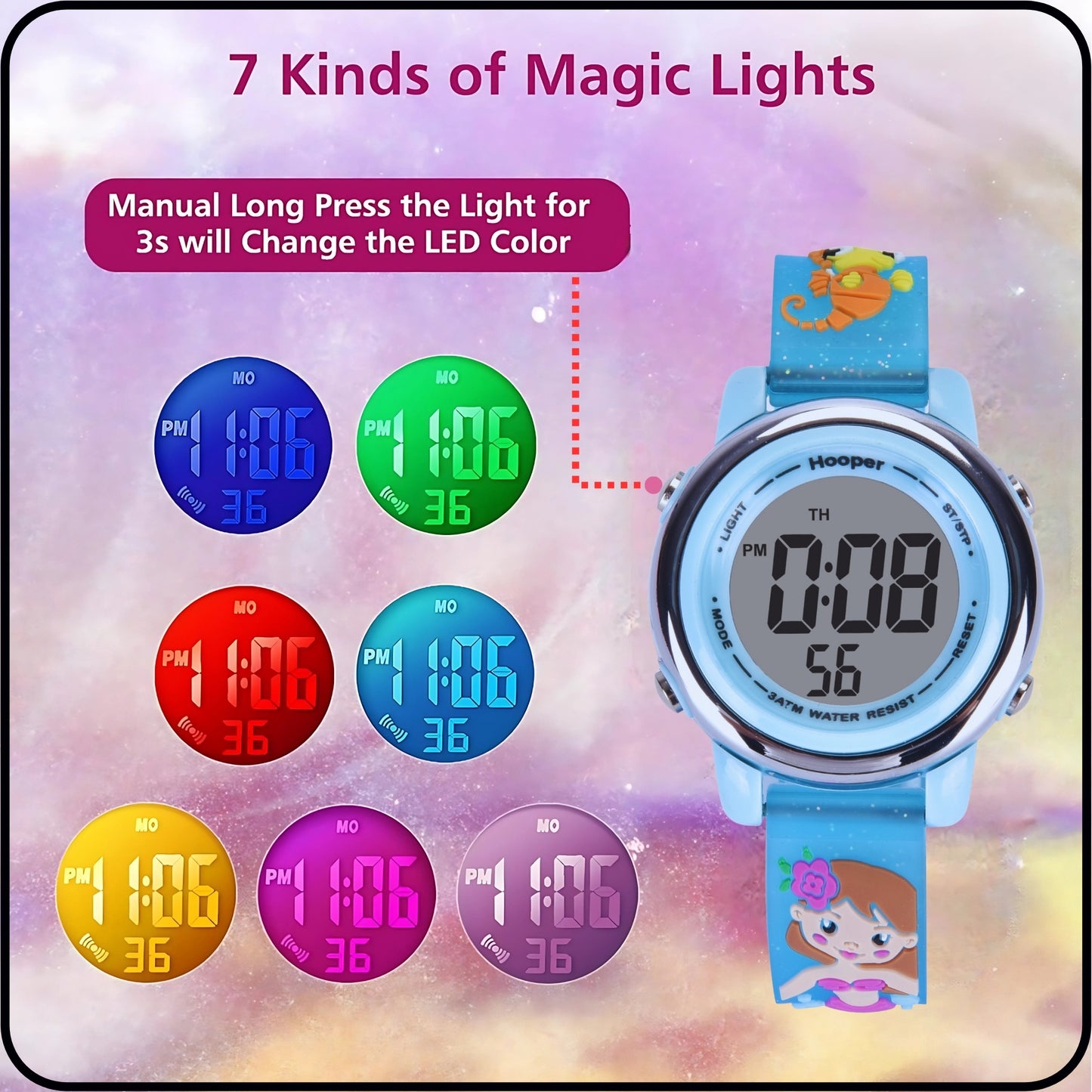 Hooper Premium Watches for Girls – 3D Cute LED 7 Colors Multifunction Digital Waterproof Watch for Kids 5-10 Years, Unbreakable Silicone Strap ( MERMAID )