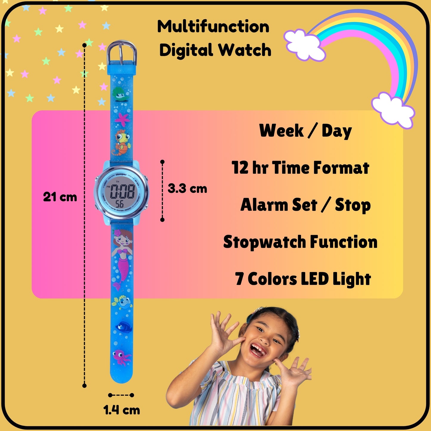 Hooper Premium Watches for Girls – 3D Cute LED 7 Colors Multifunction Digital Waterproof Watch for Kids 5-10 Years, Unbreakable Silicone Strap ( MERMAID )