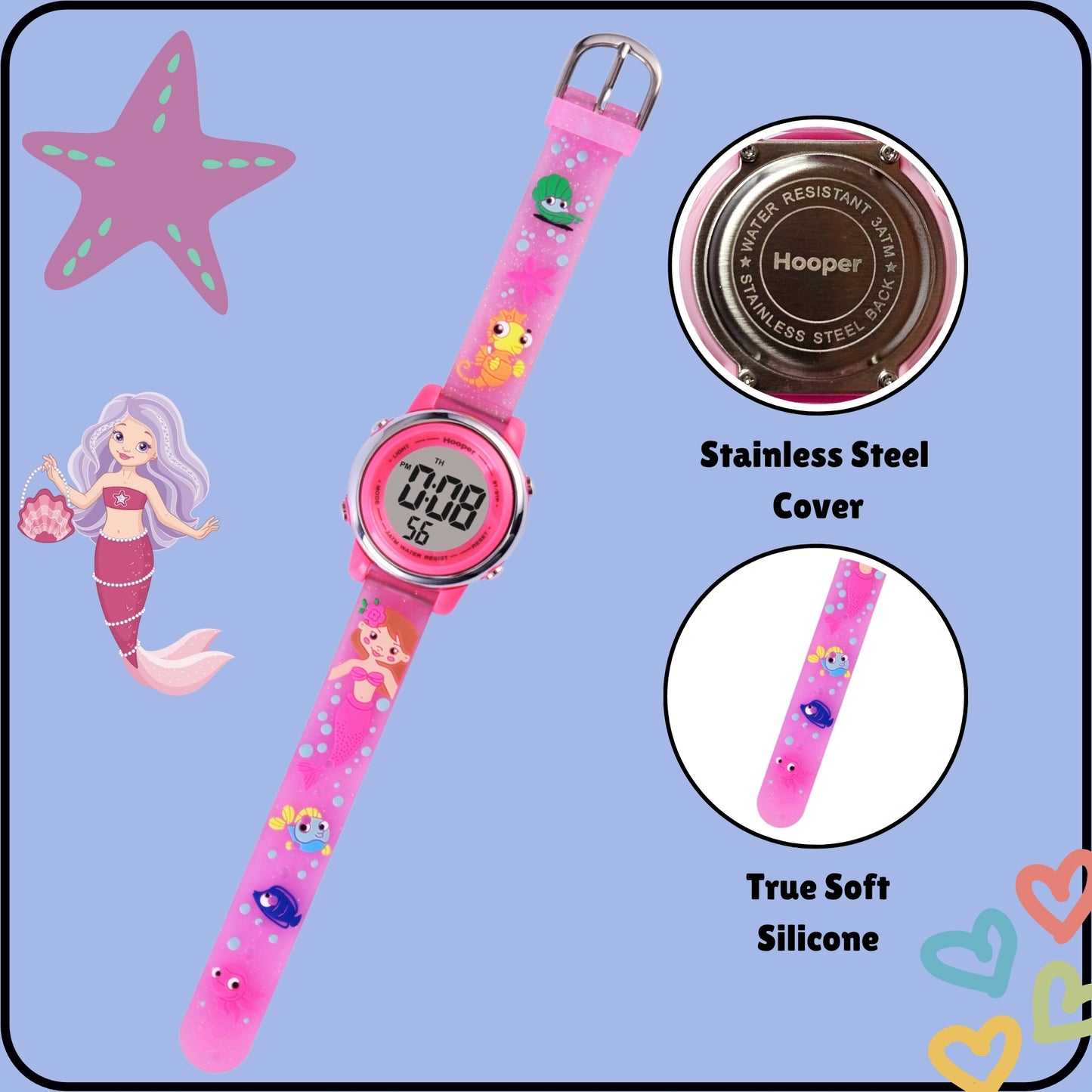 Hooper Premium Watches for Girls – 3D Cute LED 7 Colors Multifunction Digital Waterproof Watch for Kids 5-10 Years, Unbreakable Silicone Strap ( MERMAID )