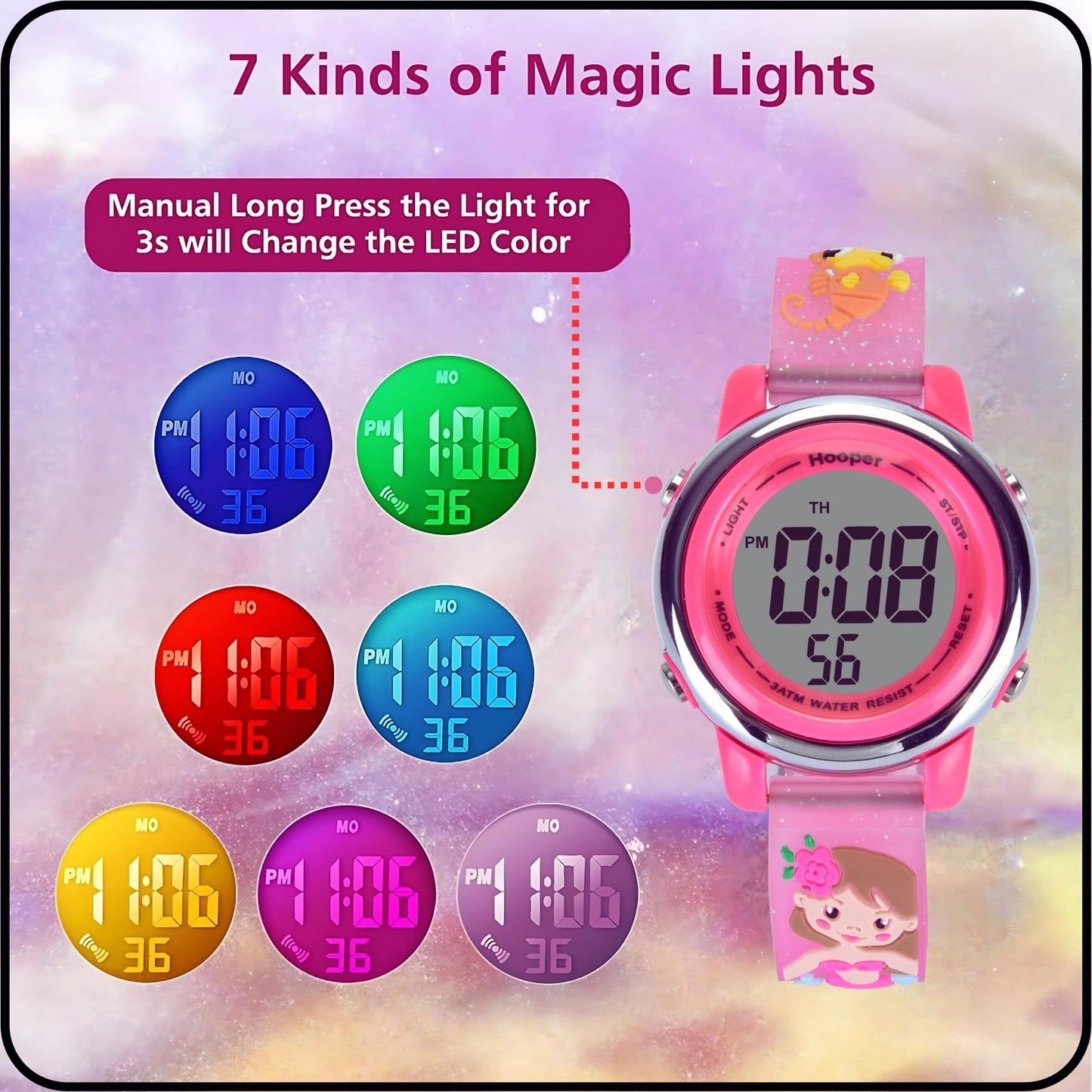 Hooper Premium Watches for Girls – 3D Cute LED 7 Colors Multifunction Digital Waterproof Watch for Kids 5-10 Years, Unbreakable Silicone Strap ( MERMAID )