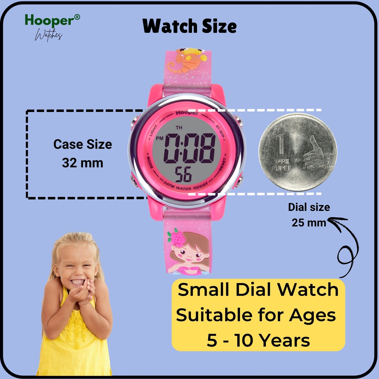 Hooper Premium Watches for Girls – 3D Cute LED 7 Colors Multifunction Digital Waterproof Watch for Kids 5-10 Years, Unbreakable Silicone Strap ( MERMAID )