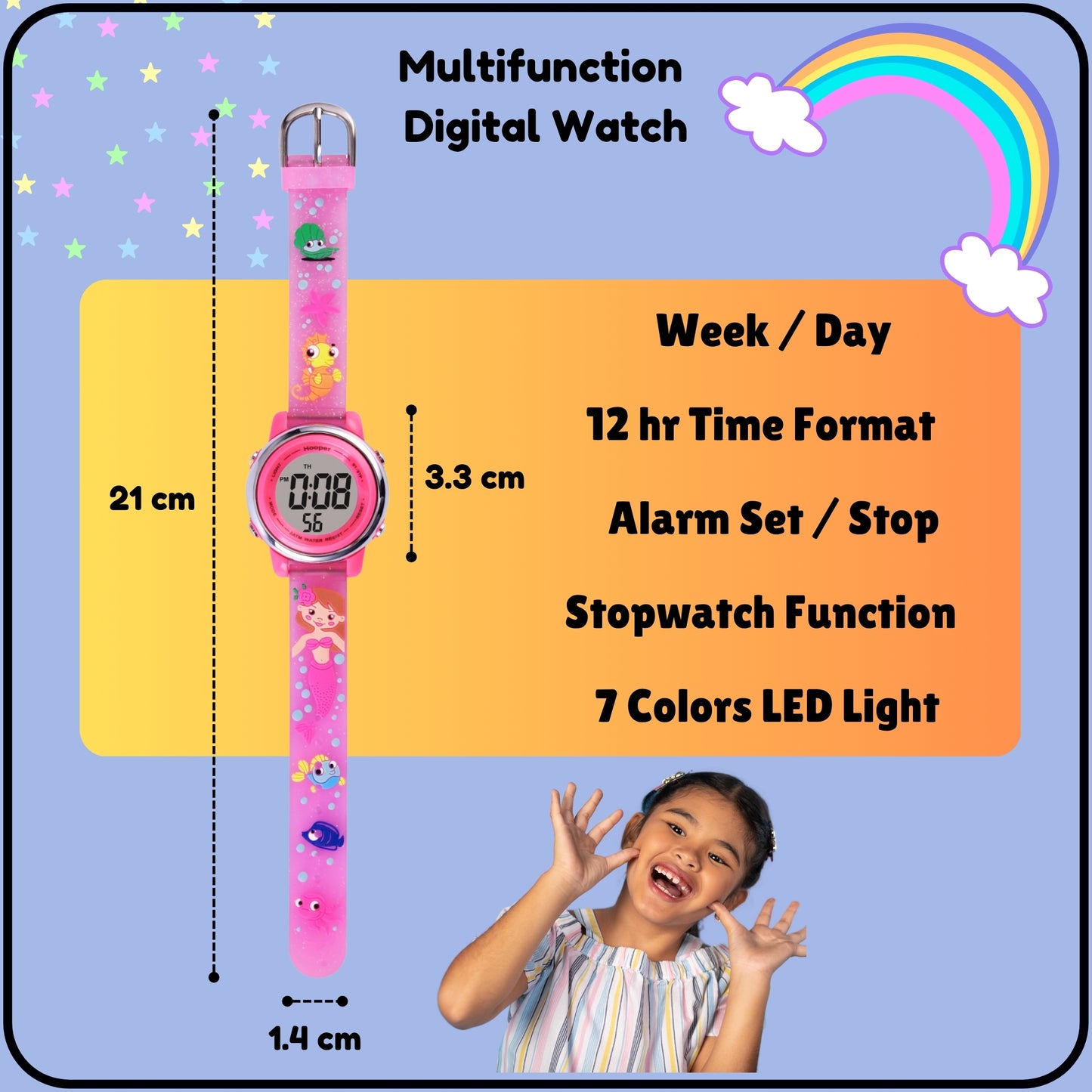 Hooper Premium Watches for Girls – 3D Cute LED 7 Colors Multifunction Digital Waterproof Watch for Kids 5-10 Years, Unbreakable Silicone Strap ( MERMAID )