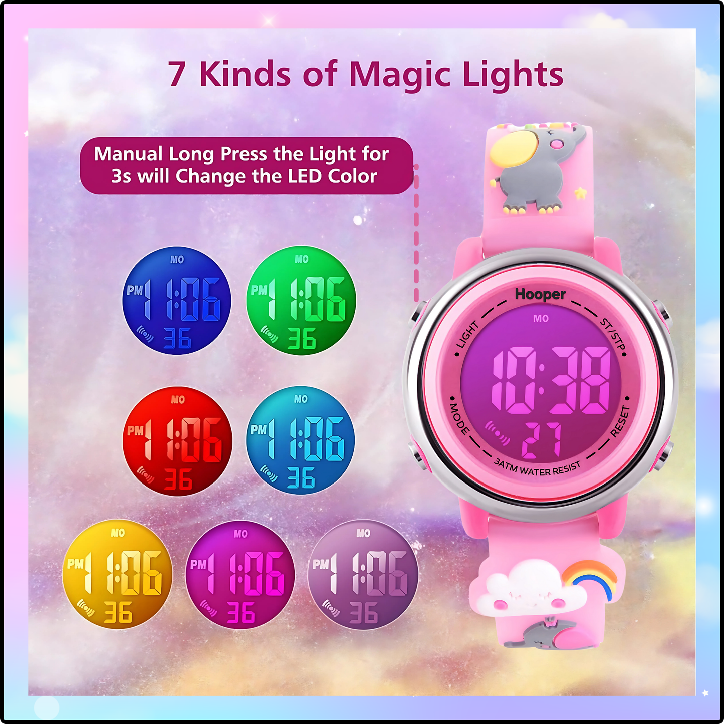 Hooper Unicorn Watches for Girls – 3D Cute LED 7 Colors Multifunction Digital Waterproof Watch for Kids 5-10 Years, Unbreakable Silicone Strap