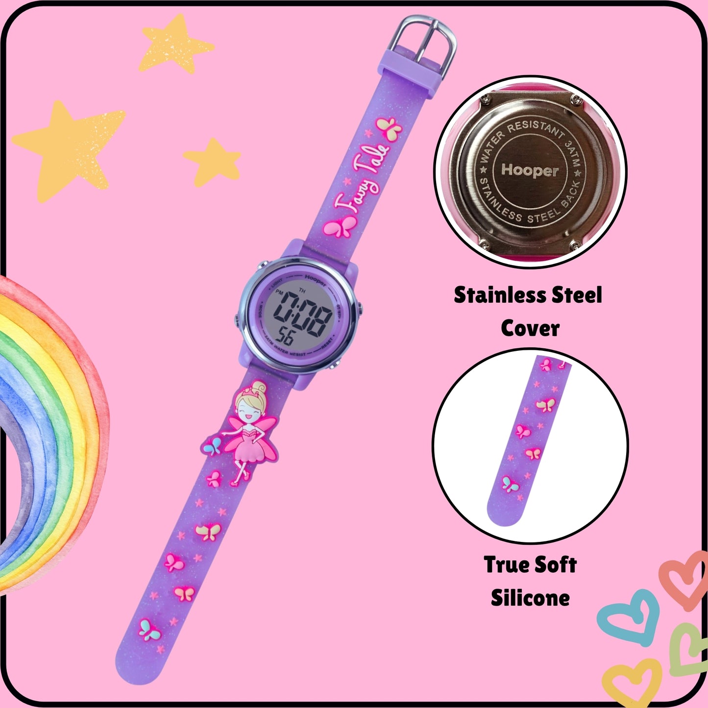 Hooper Premium Watches for Girls β 3D Cute LED 7 Colors Multifunction Digital Waterproof Watch for Kids 5-10 Years, Unbreakable Silicone Strap ( Fairy )