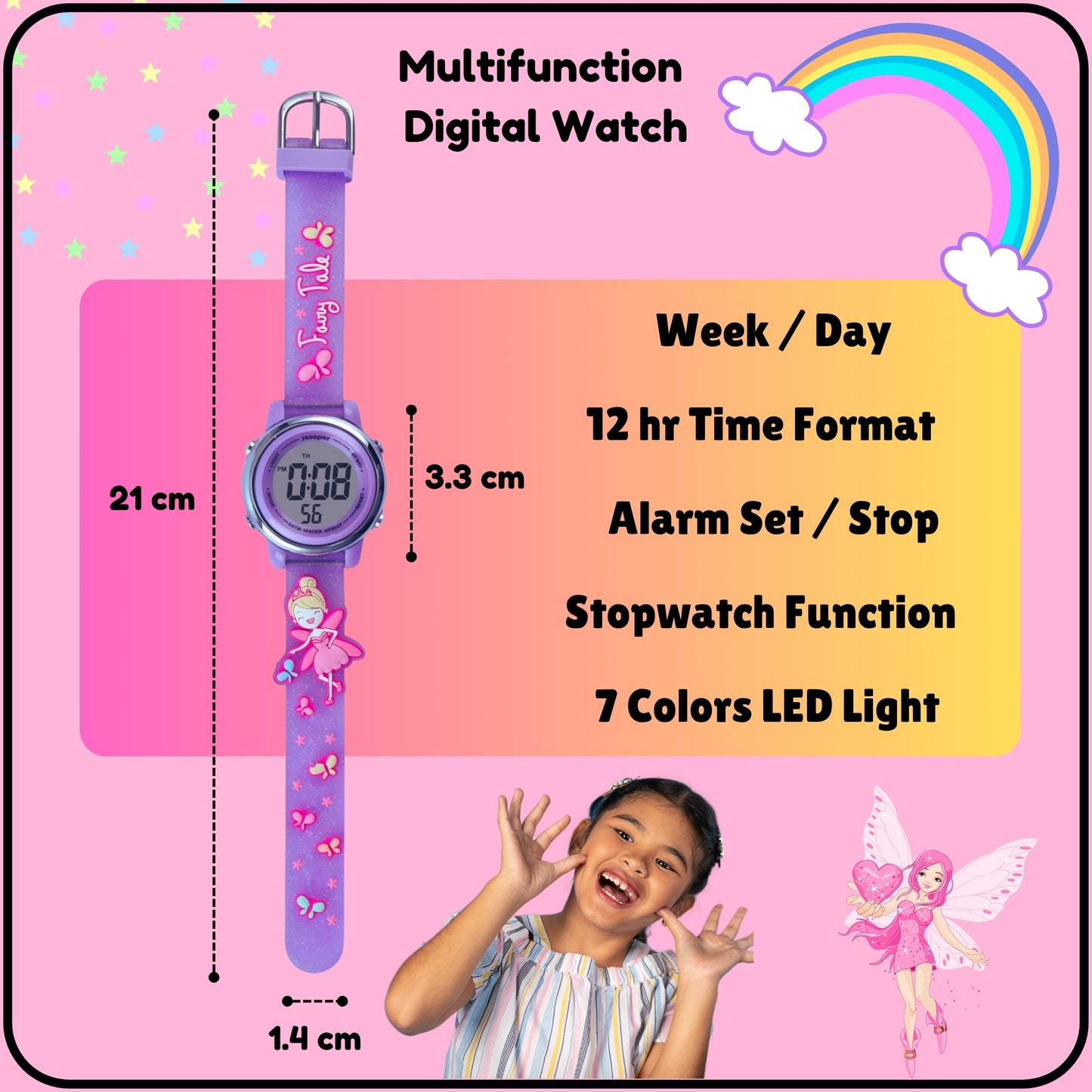 Hooper Premium Watches for Girls β 3D Cute LED 7 Colors Multifunction Digital Waterproof Watch for Kids 5-10 Years, Unbreakable Silicone Strap ( Fairy )