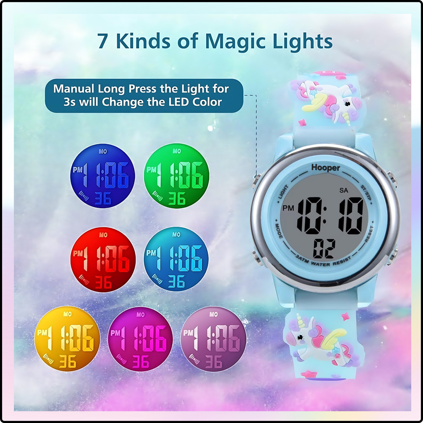 Hooper Unicorn Watches for Girls – 3D Cute LED 7 Colors Multifunction Digital Waterproof Watch for Kids 5-10 Years, Unbreakable Silicone Strap