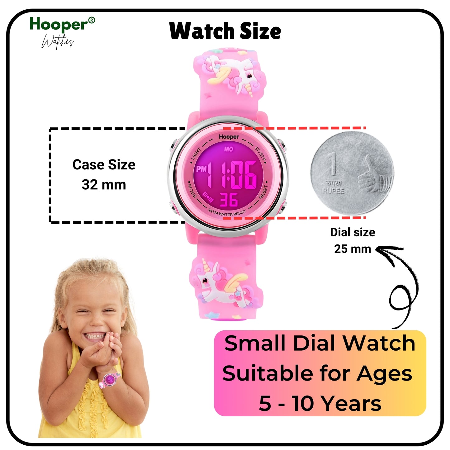 Hooper Unicorn Watches for Girls – 3D Cute LED 7 Colors Multifunction Digital Waterproof Watch for Kids 5-10 Years, Unbreakable Silicone Strap
