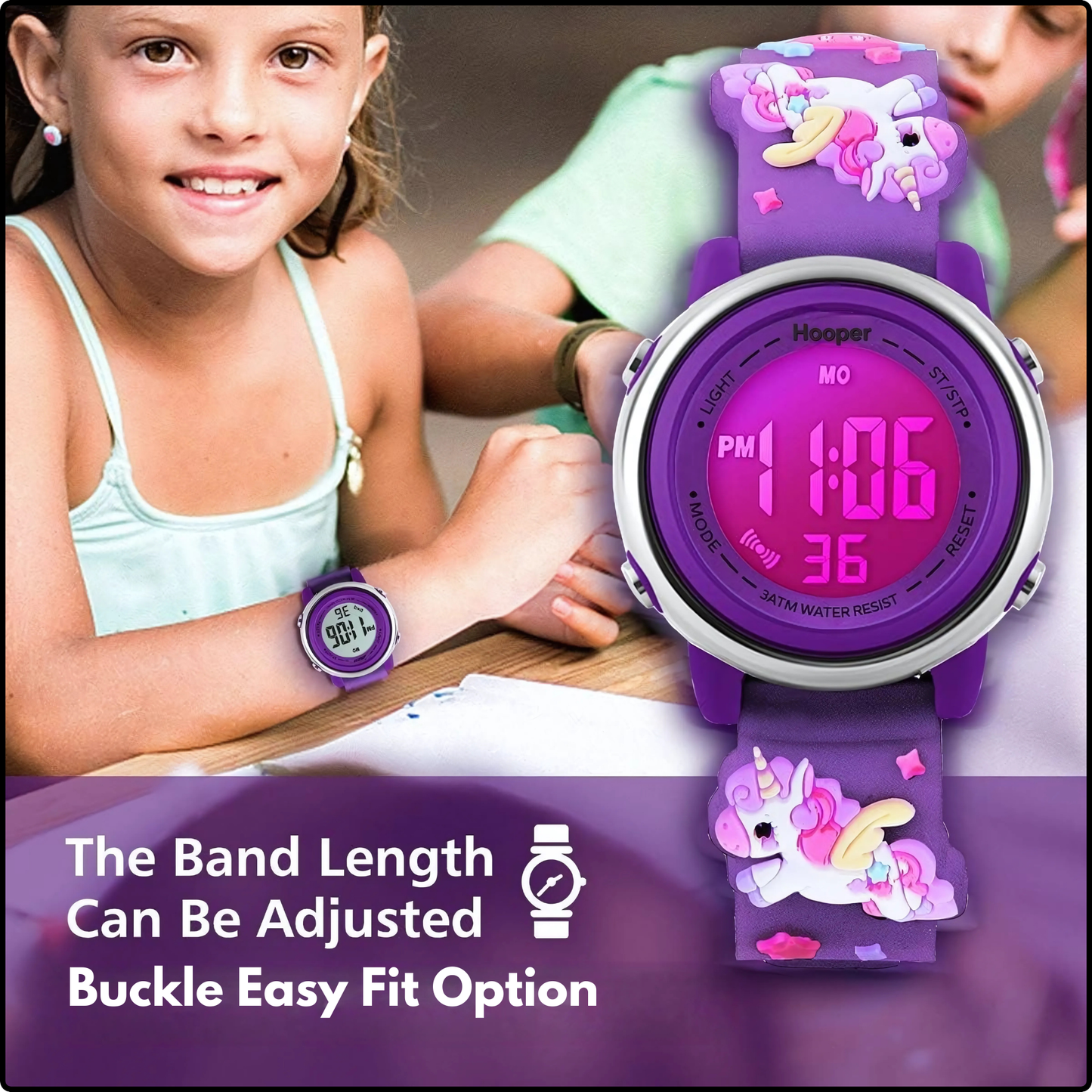 Hooper Unicorn Watches for Girls – 3D Cute LED 7 Colors Multifunction Digital Waterproof Watch for Kids 5-10 Years, Unbreakable Silicone Strap