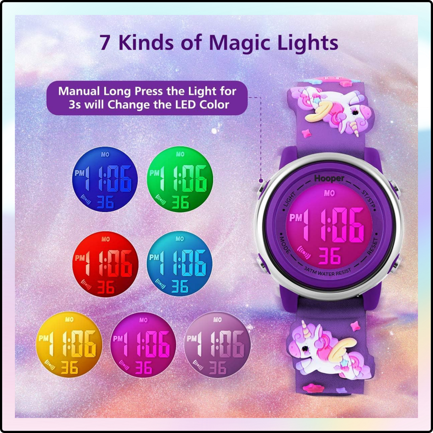 Hooper Unicorn Watches for Girls – 3D Cute LED 7 Colors Multifunction Digital Waterproof Watch for Kids 5-10 Years, Unbreakable Silicone Strap