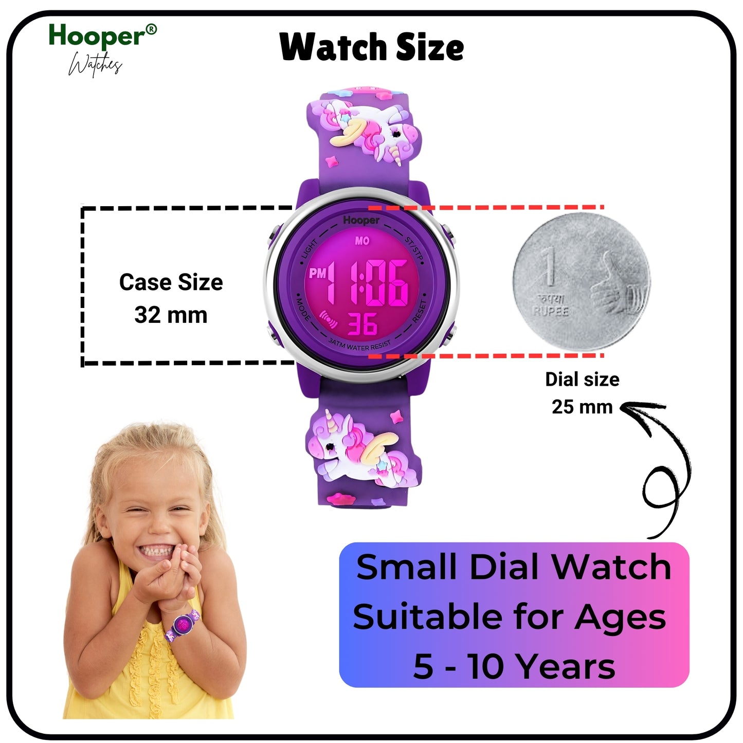 Hooper Unicorn Watches for Girls – 3D Cute LED 7 Colors Multifunction Digital Waterproof Watch for Kids 5-10 Years, Unbreakable Silicone Strap