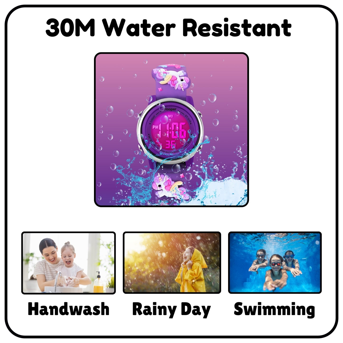 Hooper Unicorn Watches for Girls – 3D Cute LED 7 Colors Multifunction Digital Waterproof Watch for Kids 5-10 Years, Unbreakable Silicone Strap