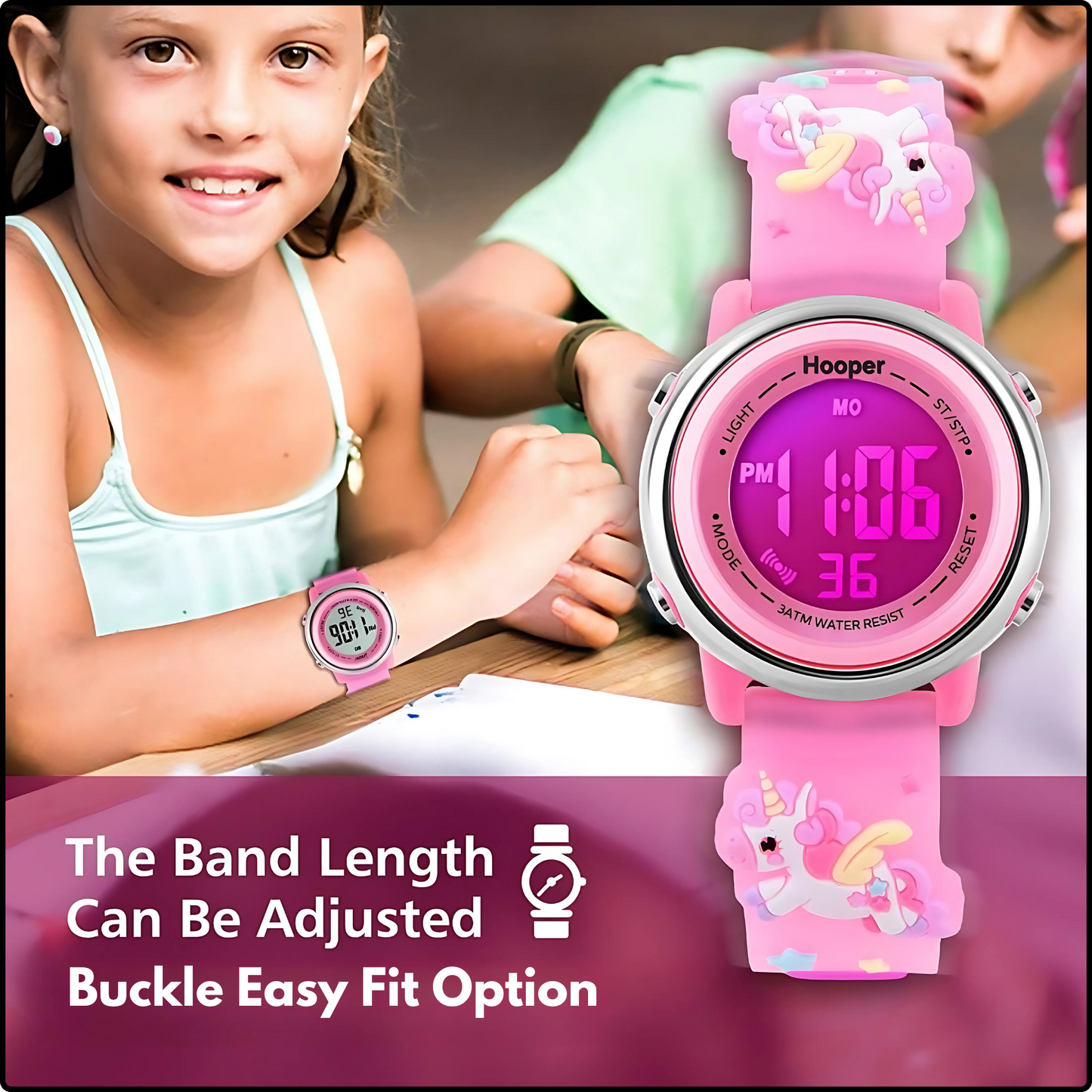 Hooper Unicorn Watches for Girls – 3D Cute LED 7 Colors Multifunction Digital Waterproof Watch for Kids 5-10 Years, Unbreakable Silicone Strap