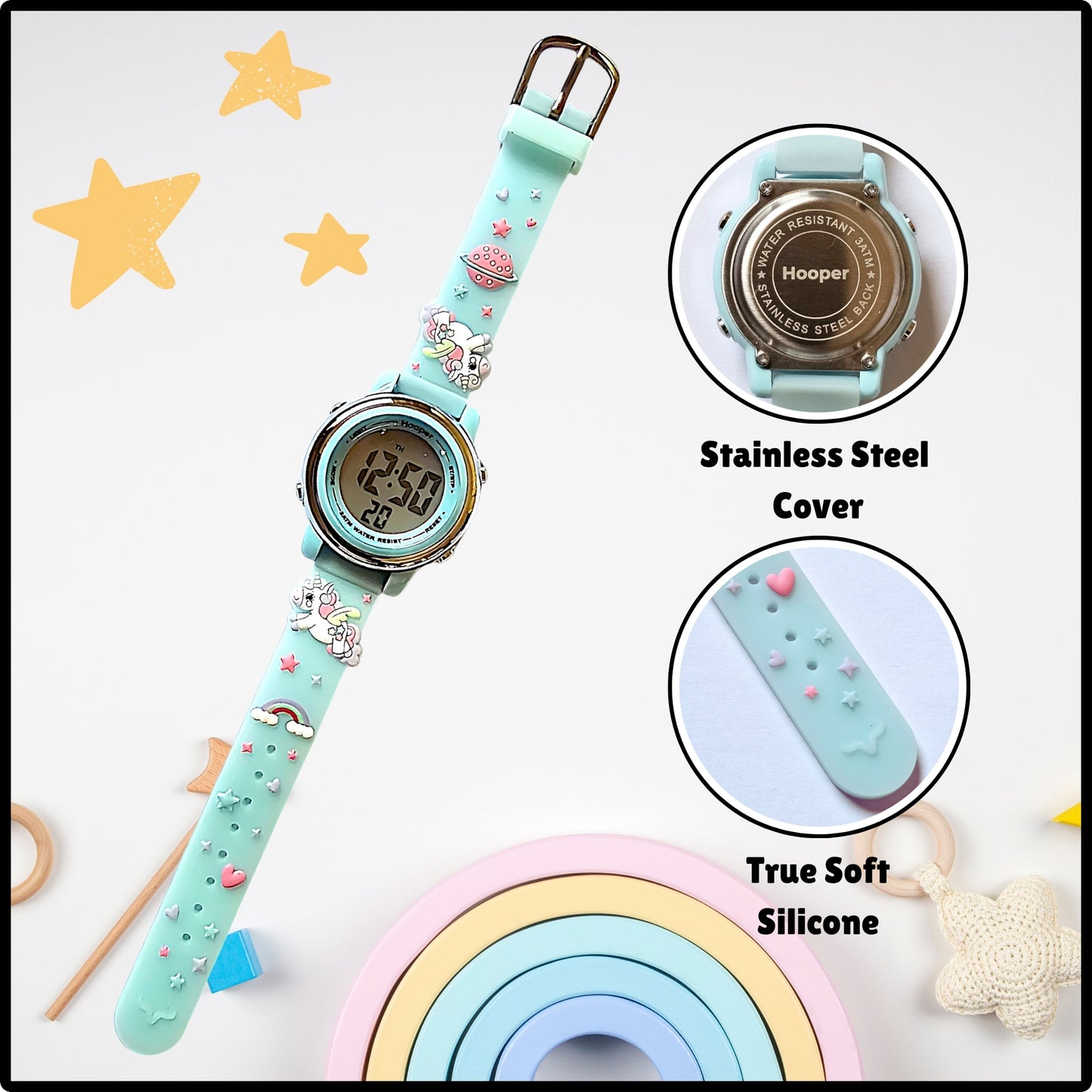 Hooper Unicorn Watches for Girls – 3D Cute LED 7 Colors Multifunction Digital Waterproof Watch for Kids 5-10 Years, Unbreakable Silicone Strap