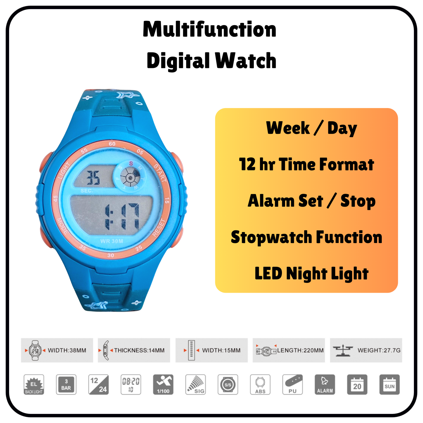 Hooper Kids Digital Sports LED Wrist Watch Boys Girls 5-12 Years Waterproof Multifunction Alarm Stopwatch Backlight Durable Strap Outdoor Casual Wear