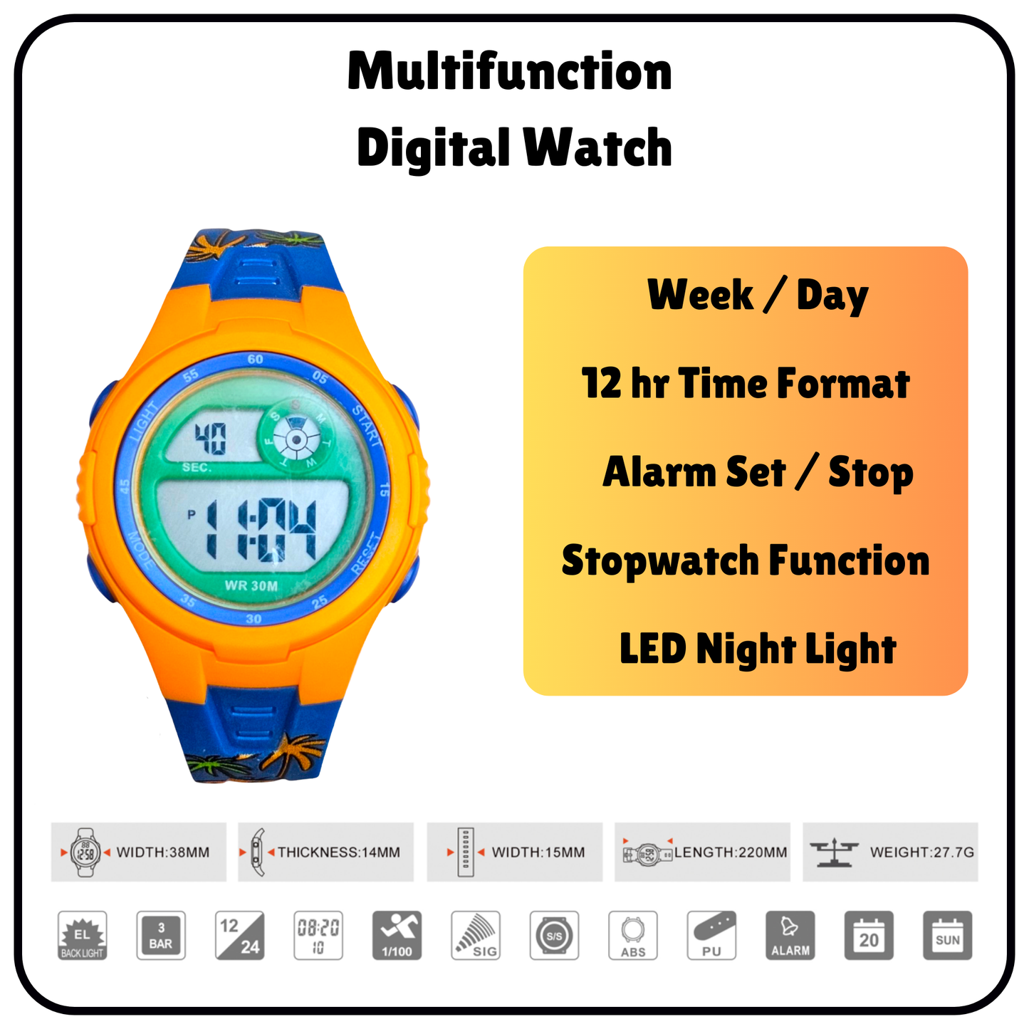 Hooper Kids Digital Sports LED Wrist Watch Boys Girls 5-12 Years Waterproof Multifunction Alarm Stopwatch Backlight Durable Strap Outdoor Casual Wear