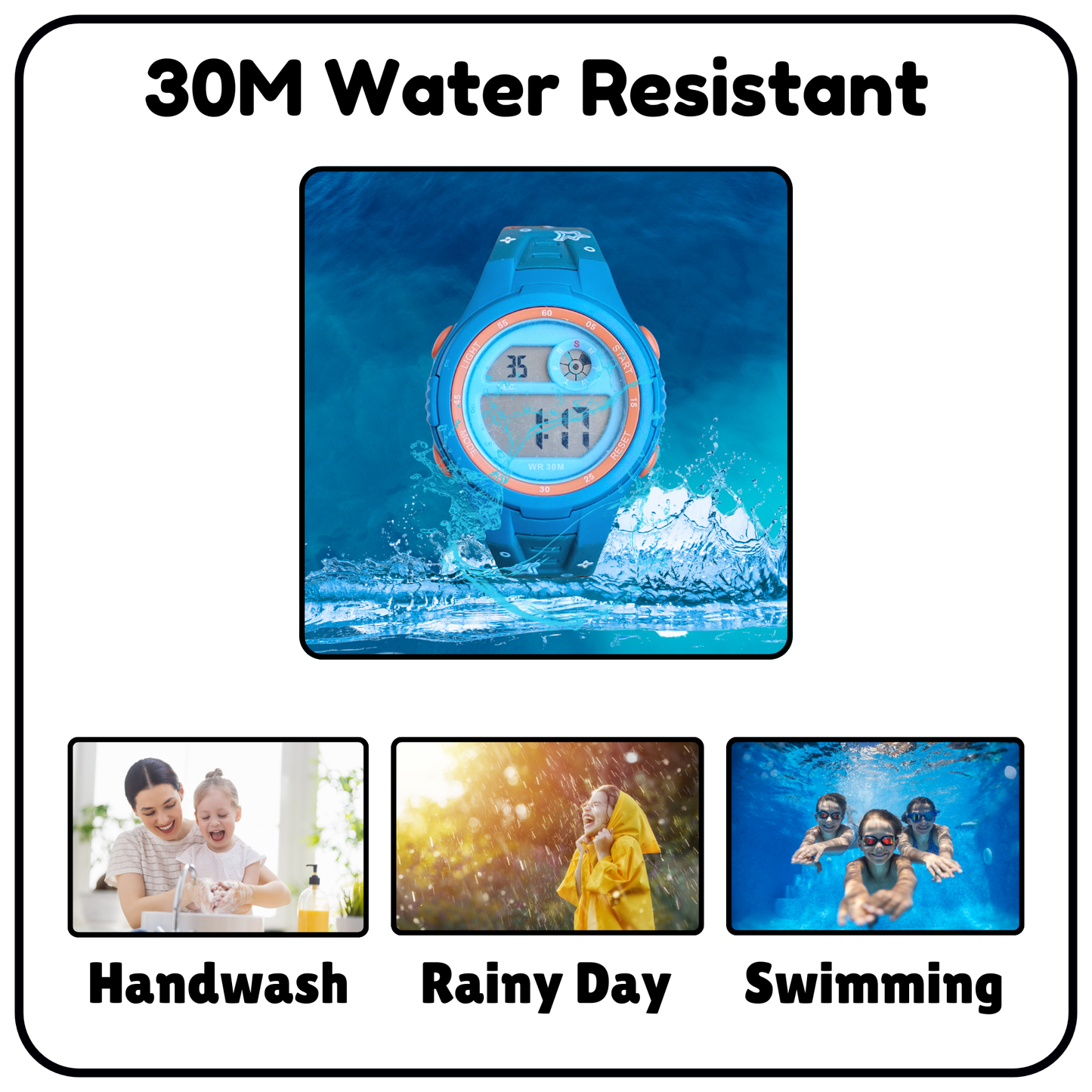 Hooper Kids Digital Sports LED Wrist Watch Boys Girls 5-12 Years Waterproof Multifunction Alarm Stopwatch Backlight Durable Strap Outdoor Casual Wear