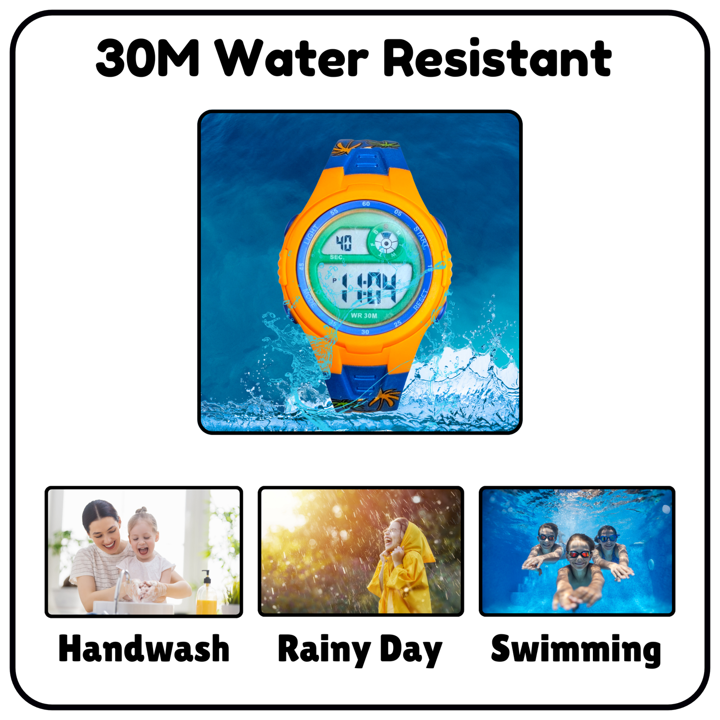 Hooper Kids Digital Sports LED Wrist Watch Boys Girls 5-12 Years Waterproof Multifunction Alarm Stopwatch Backlight Durable Strap Outdoor Casual Wear