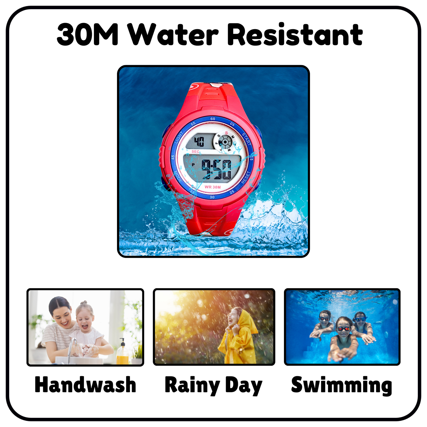 Hooper Kids Digital Sports LED Wrist Watch Boys Girls 5-12 Years Waterproof Multifunction Alarm Stopwatch Backlight Durable Strap Outdoor Casual Wear