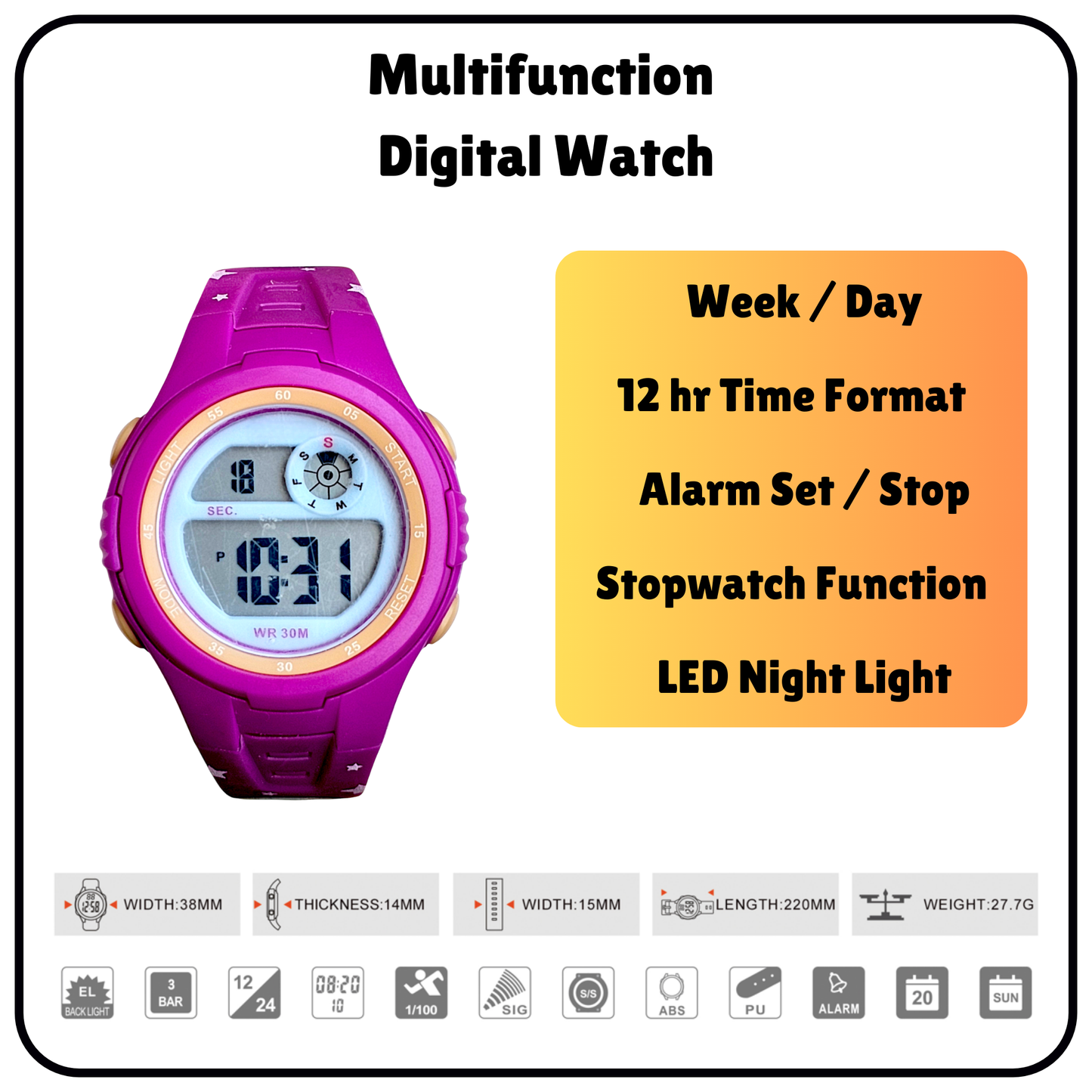 Hooper Kids Digital Sports LED Wrist Watch Boys Girls 5-12 Years Waterproof Multifunction Alarm Stopwatch Backlight Durable Strap Outdoor Casual Wear