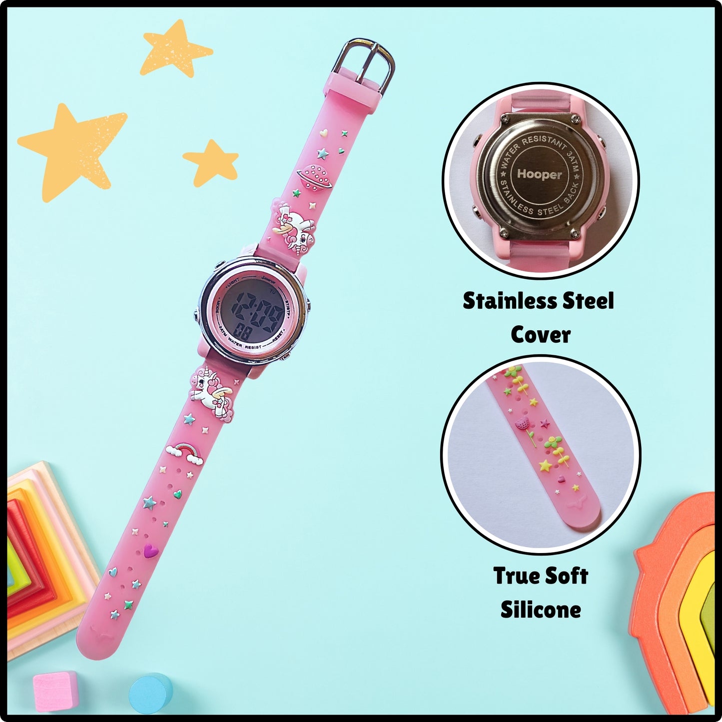 Hooper Unicorn Watches for Girls – 3D Cute LED 7 Colors Multifunction Digital Waterproof Watch for Kids 5-10 Years, Unbreakable Silicone Strap